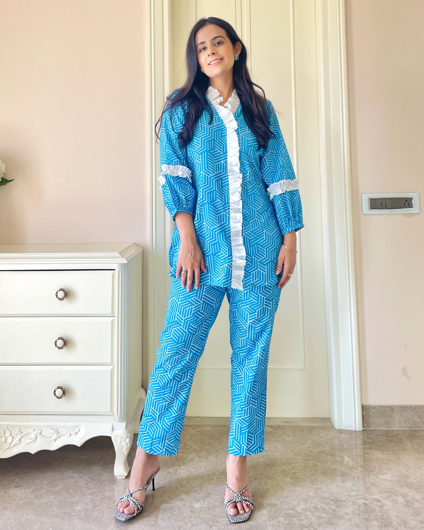 Blue Geometric Cotton Linen Co-ord Set