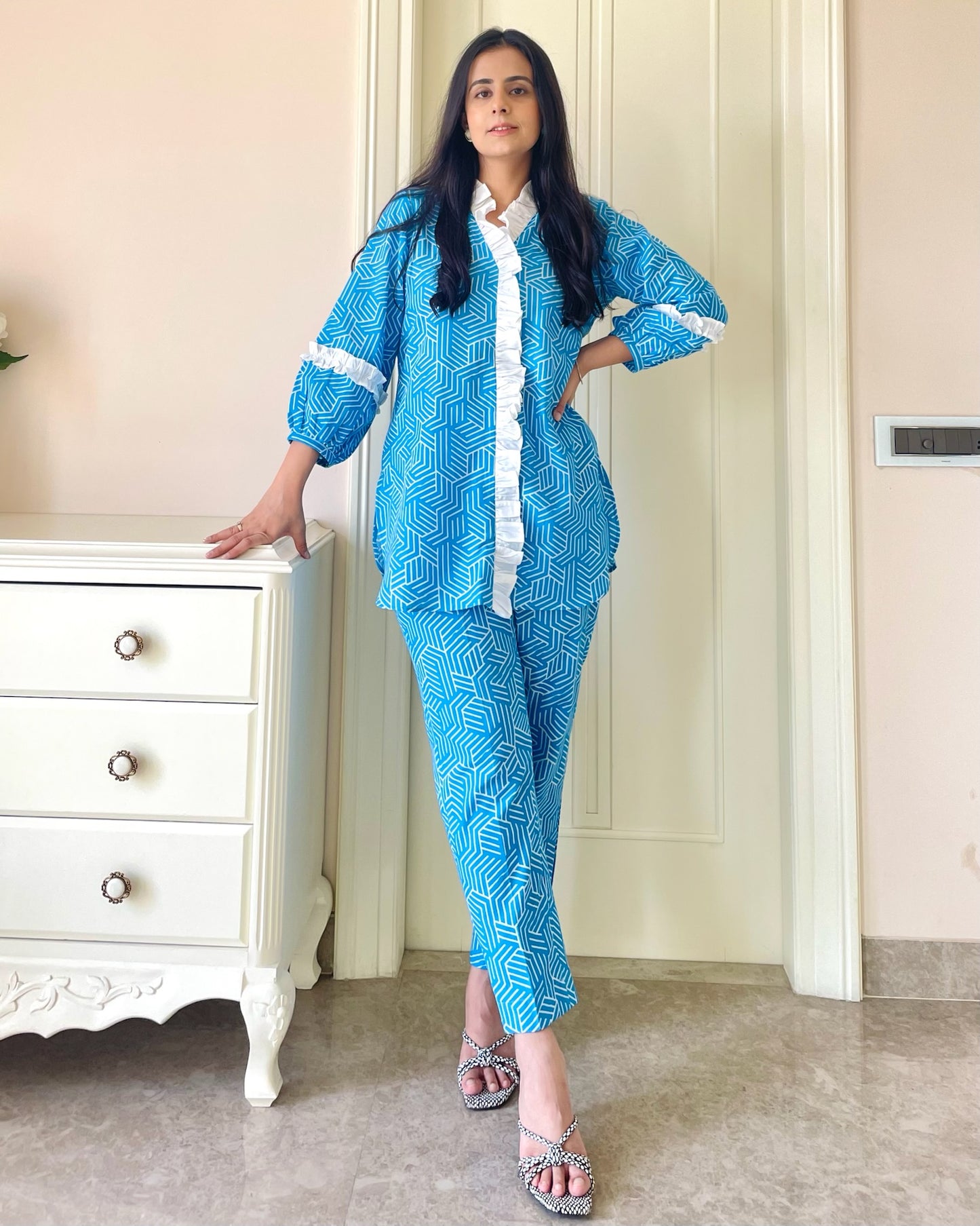 Blue Geometric Cotton Linen Co-ord Set