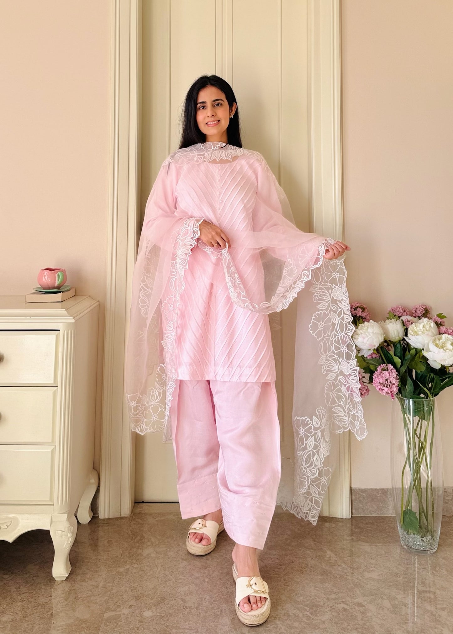 Blush Reverie — Semi Silk Pintex Suit with Organza Dupatta