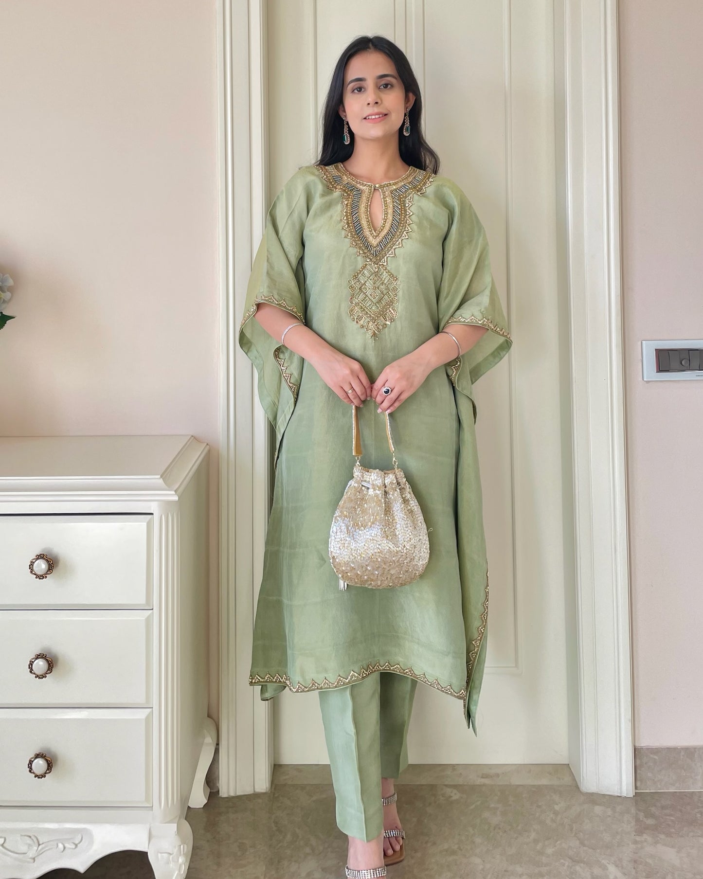Green Elegance Hand-Embroidered Kaftan Set