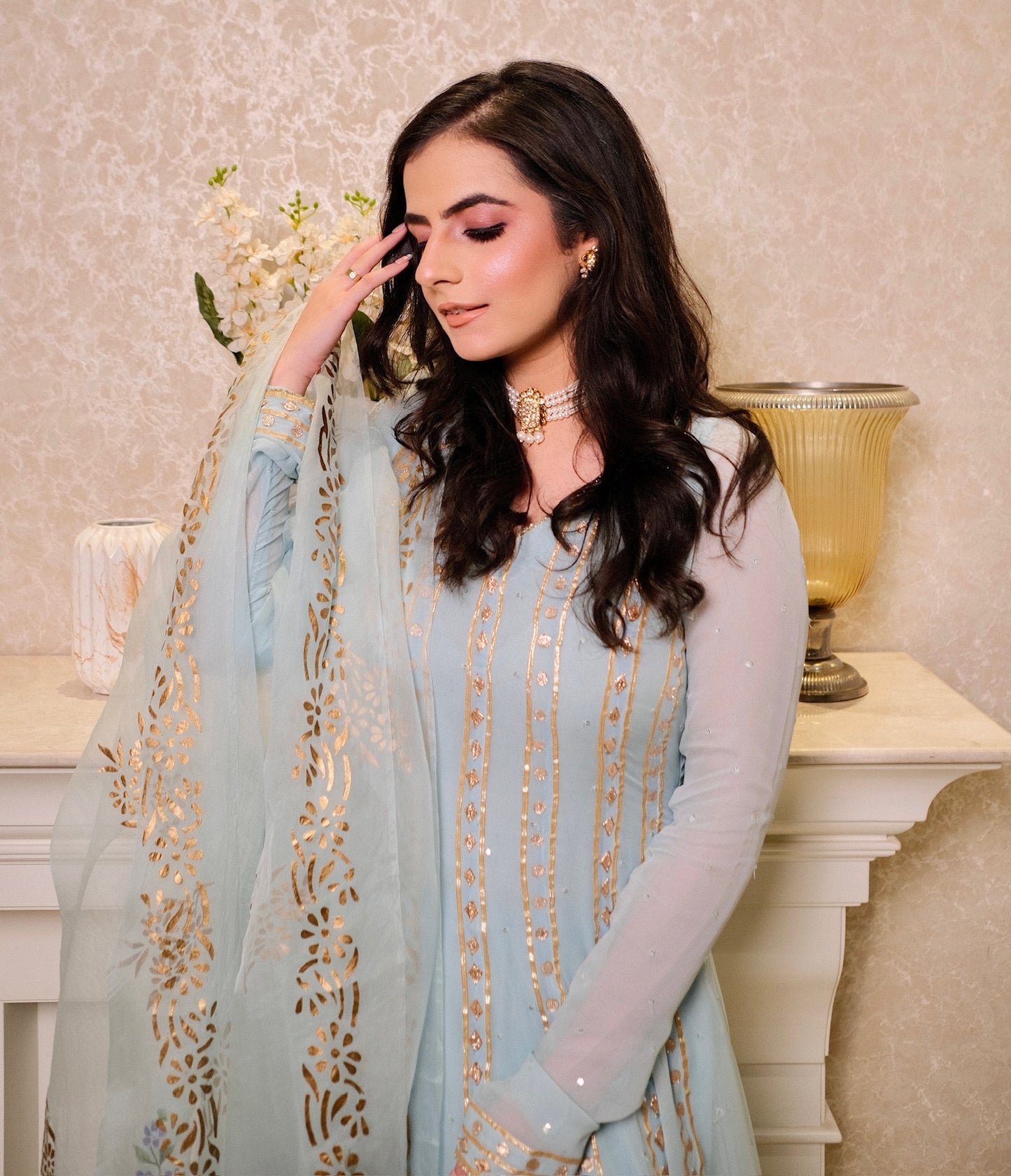 Elegant Georgette Anarkali Suit with Block printed & Hand-Painted Dupatta