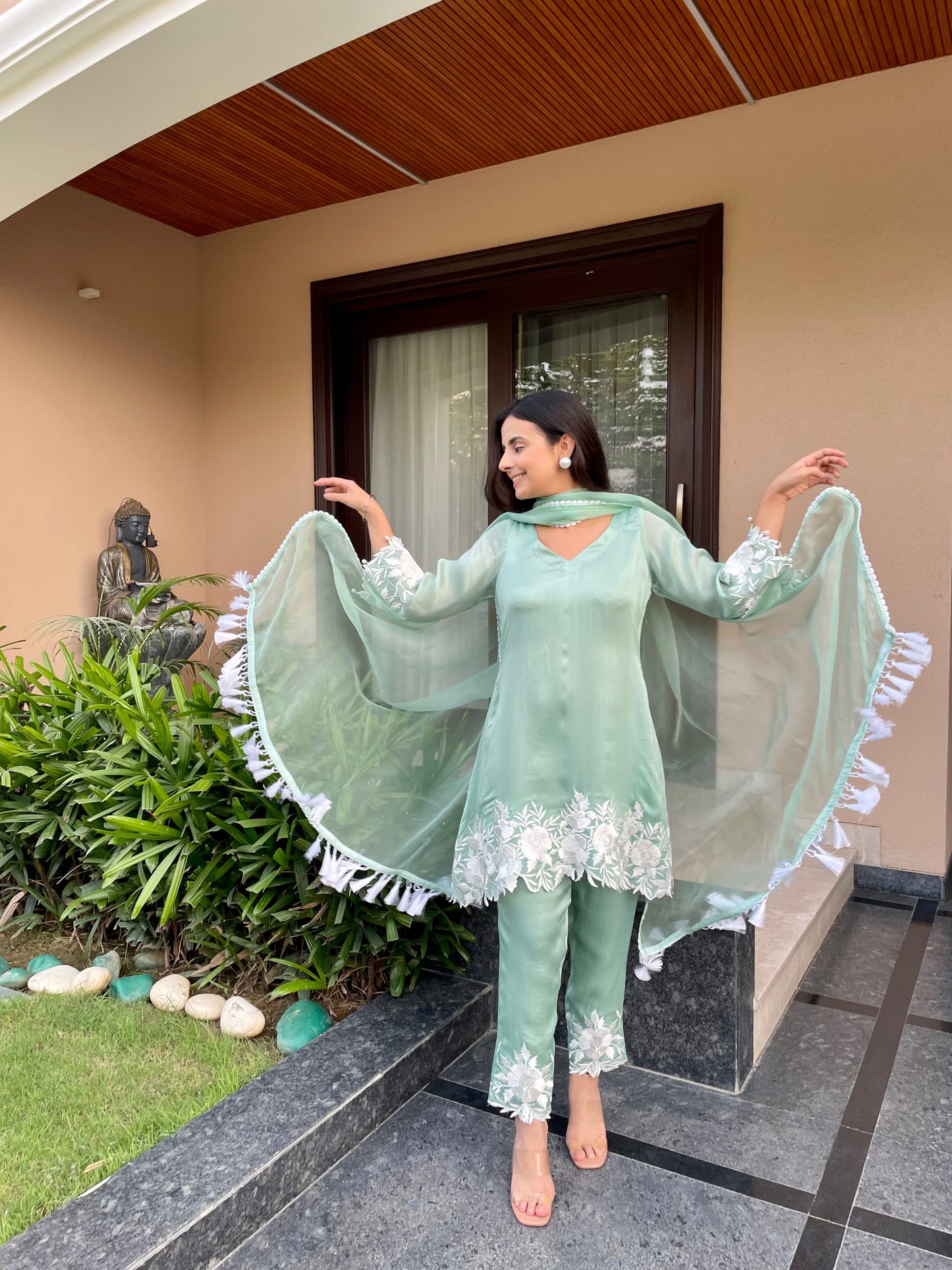 Sage Green Satin Organza Suit with Thread Embroidery