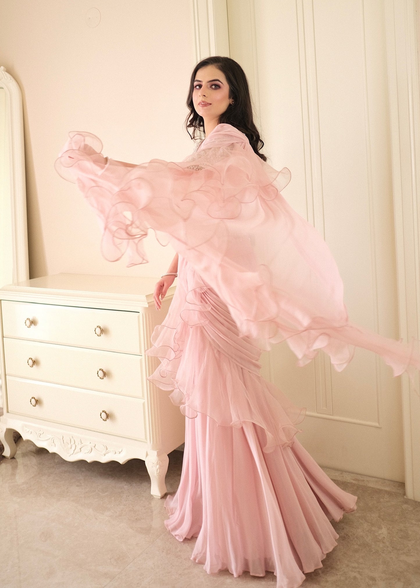 Peach Ruffle Saree with Hand-Embroidered Blouse & Belt