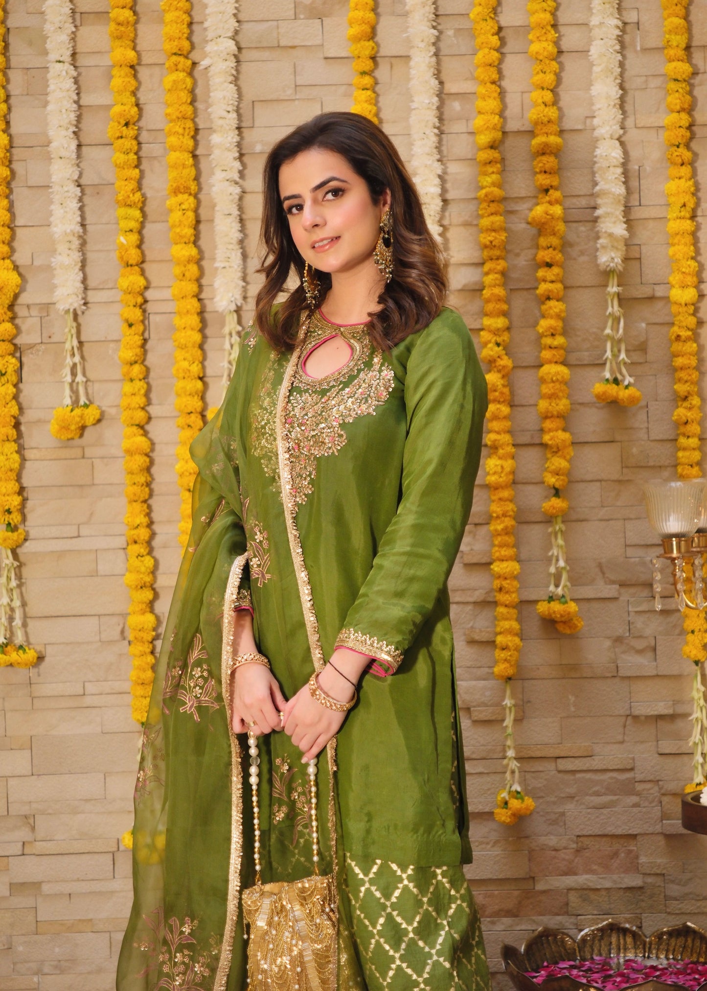 Olive Green Silk Suit Set