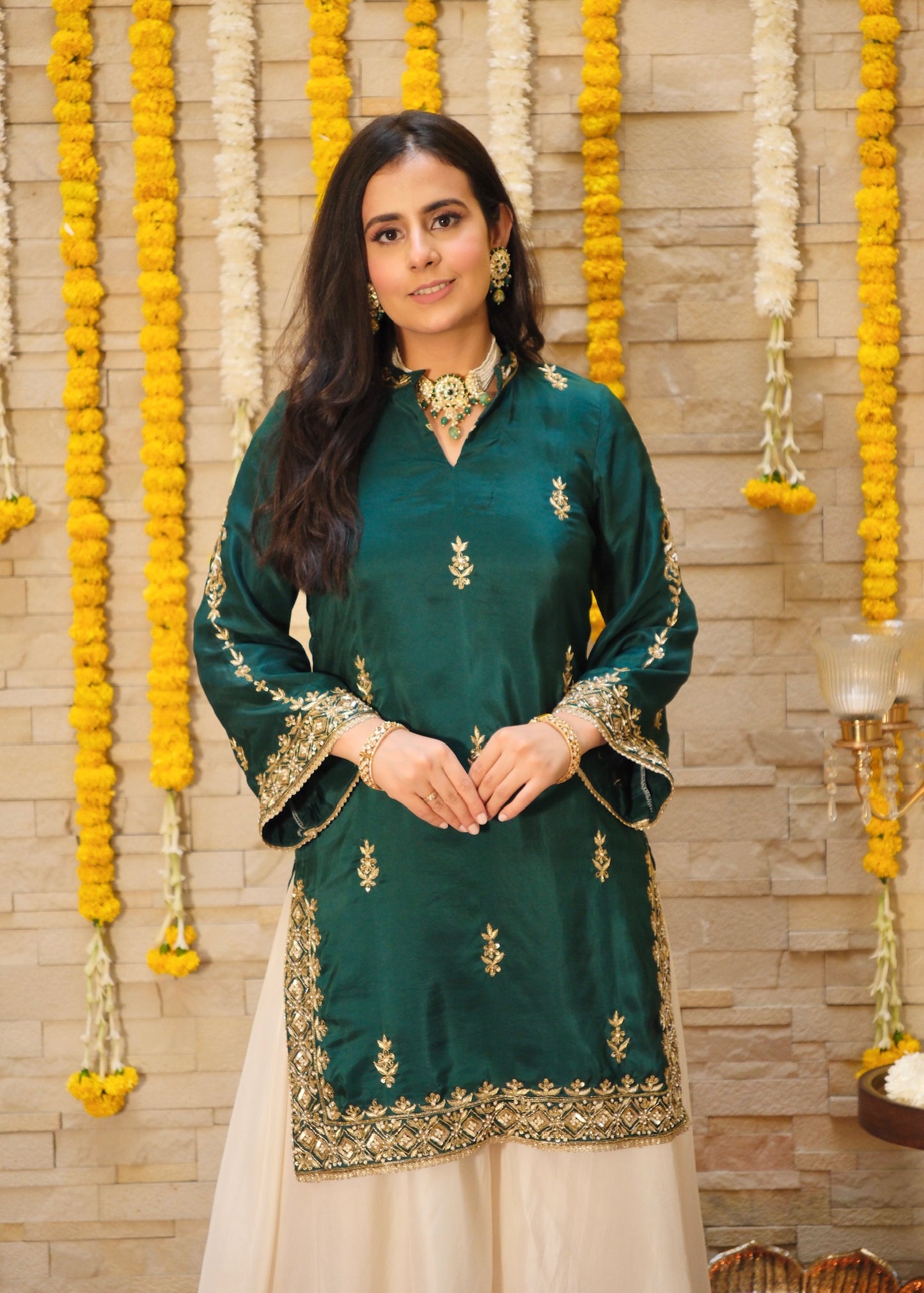 Sitara- Bottle Green Contrast Sharara Set