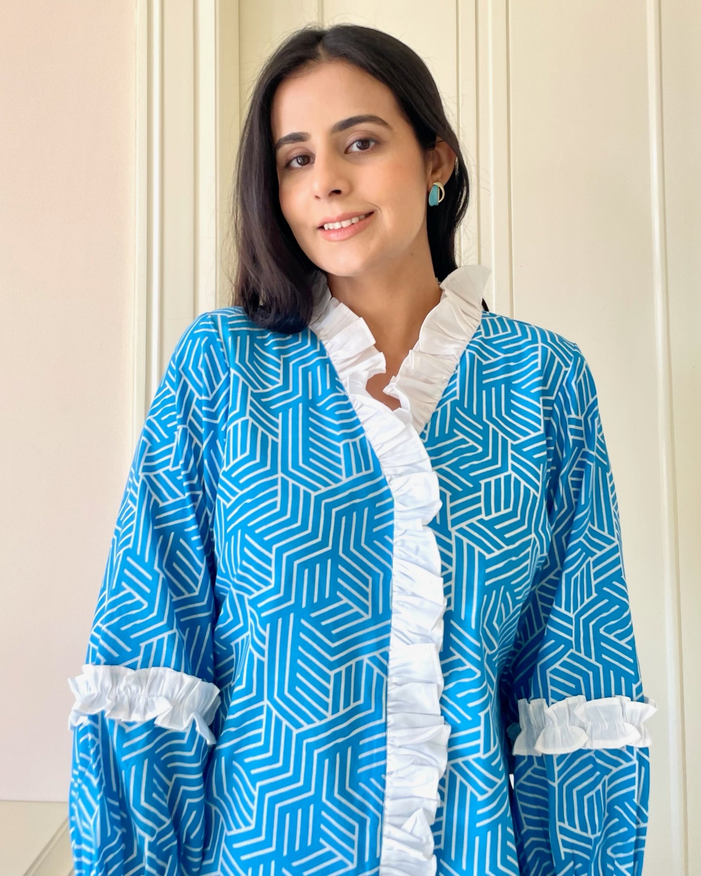 Blue Geometric Cotton Linen Co-ord Set
