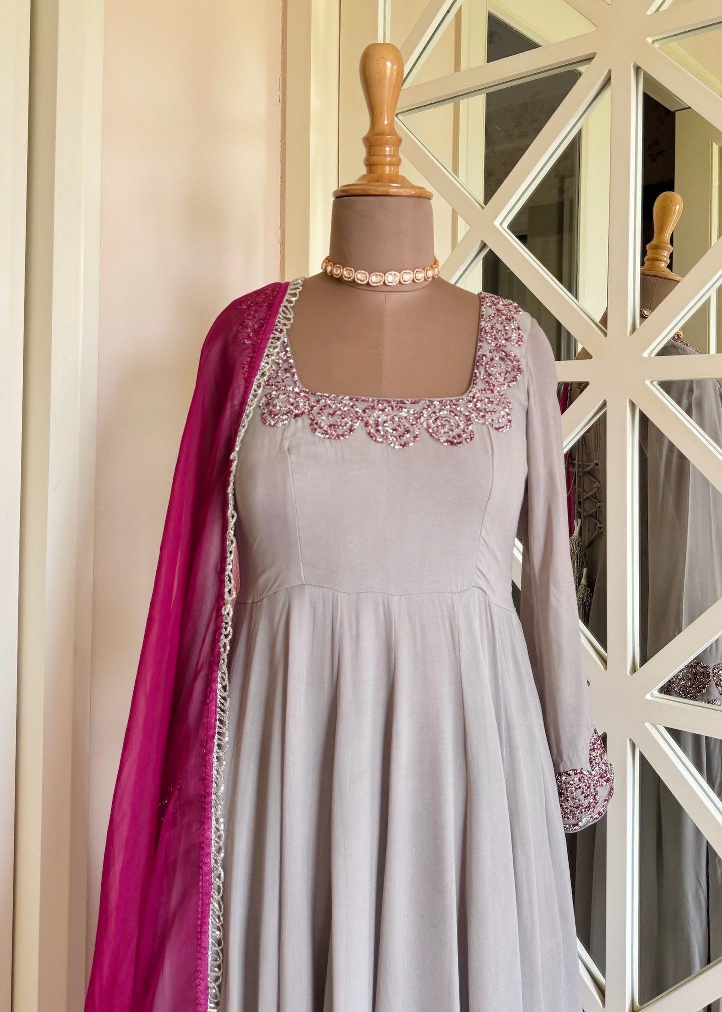 Dove Grey Embellished Georgette Anarkali with Magenta Dupatta
