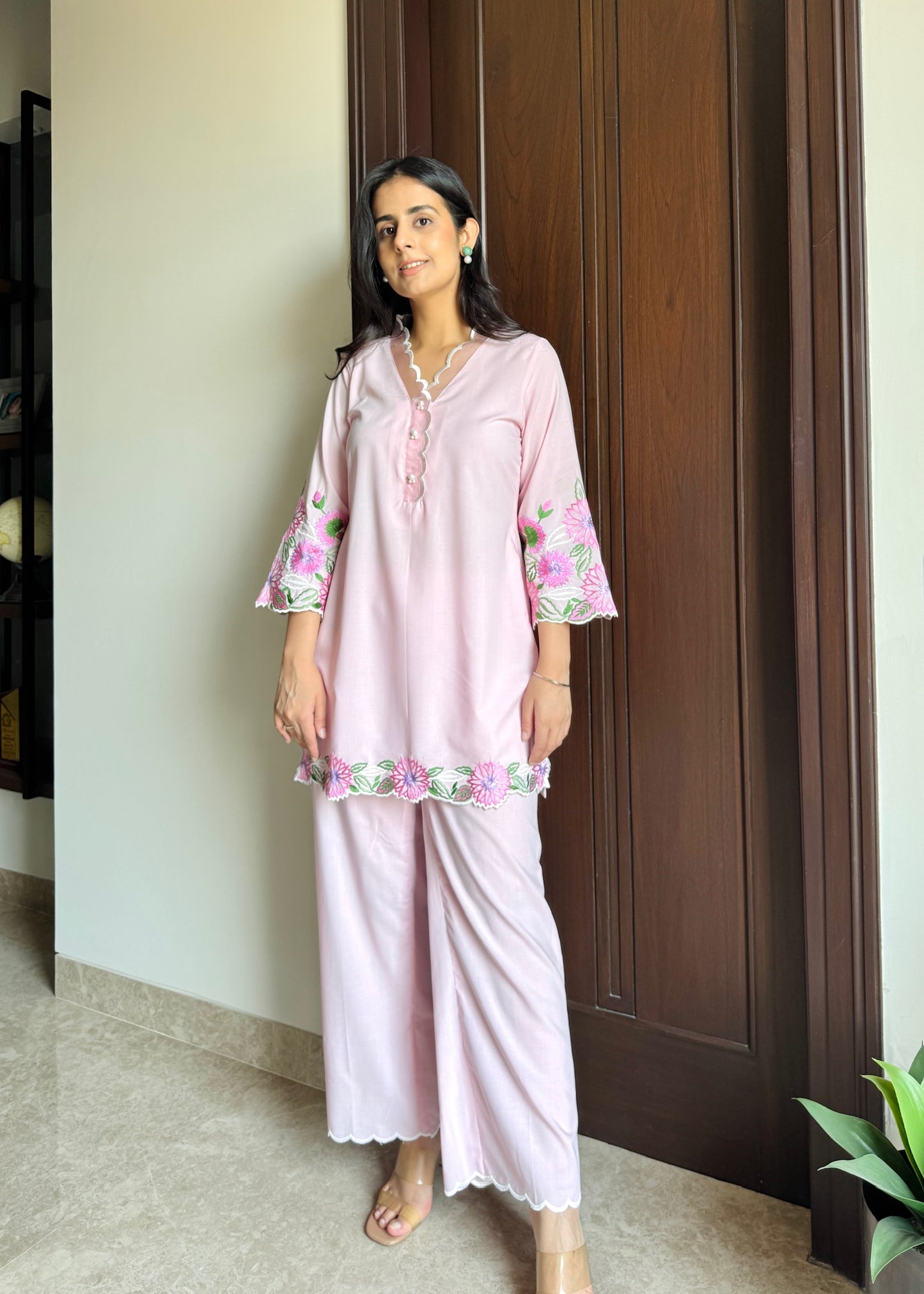 Blush Bloom Embroidered Cotton Co-ord Set