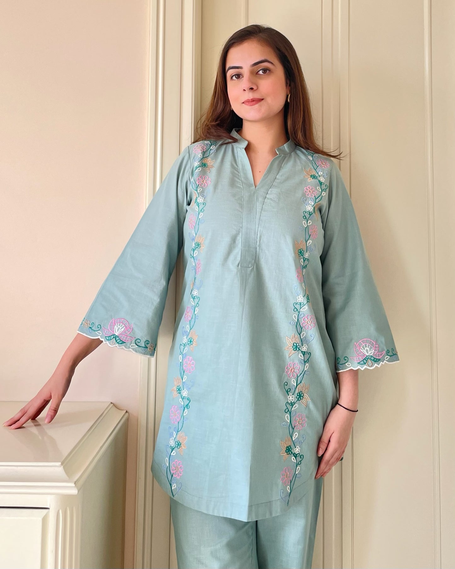 Sage Bloom Embroidered Cotton Linen Co-ord Set
