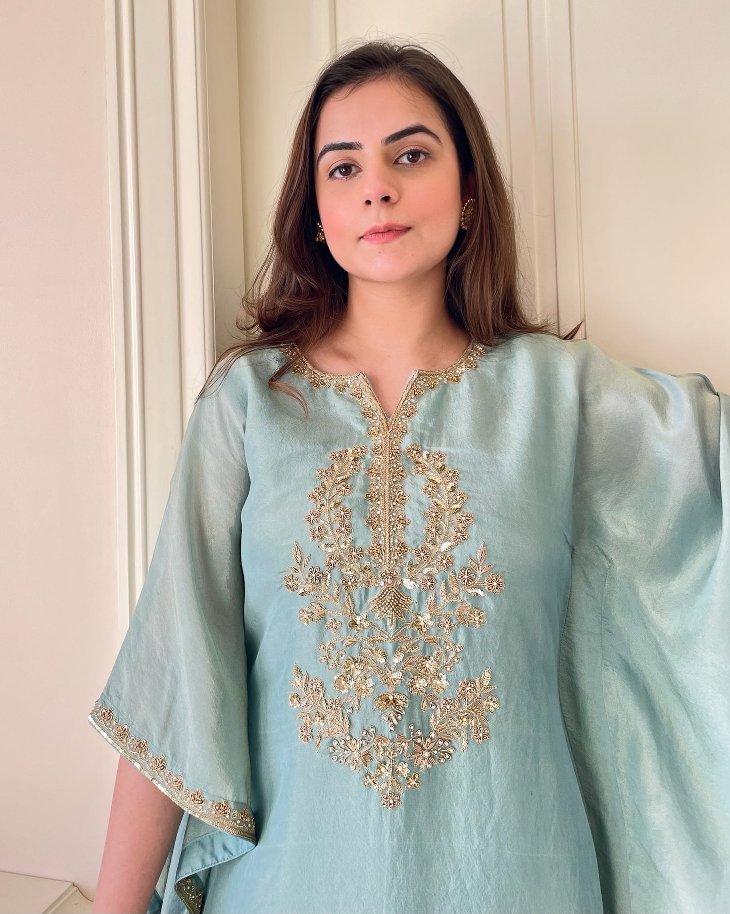 Aqua Elegance Hand-Embroidered Kaftan Set