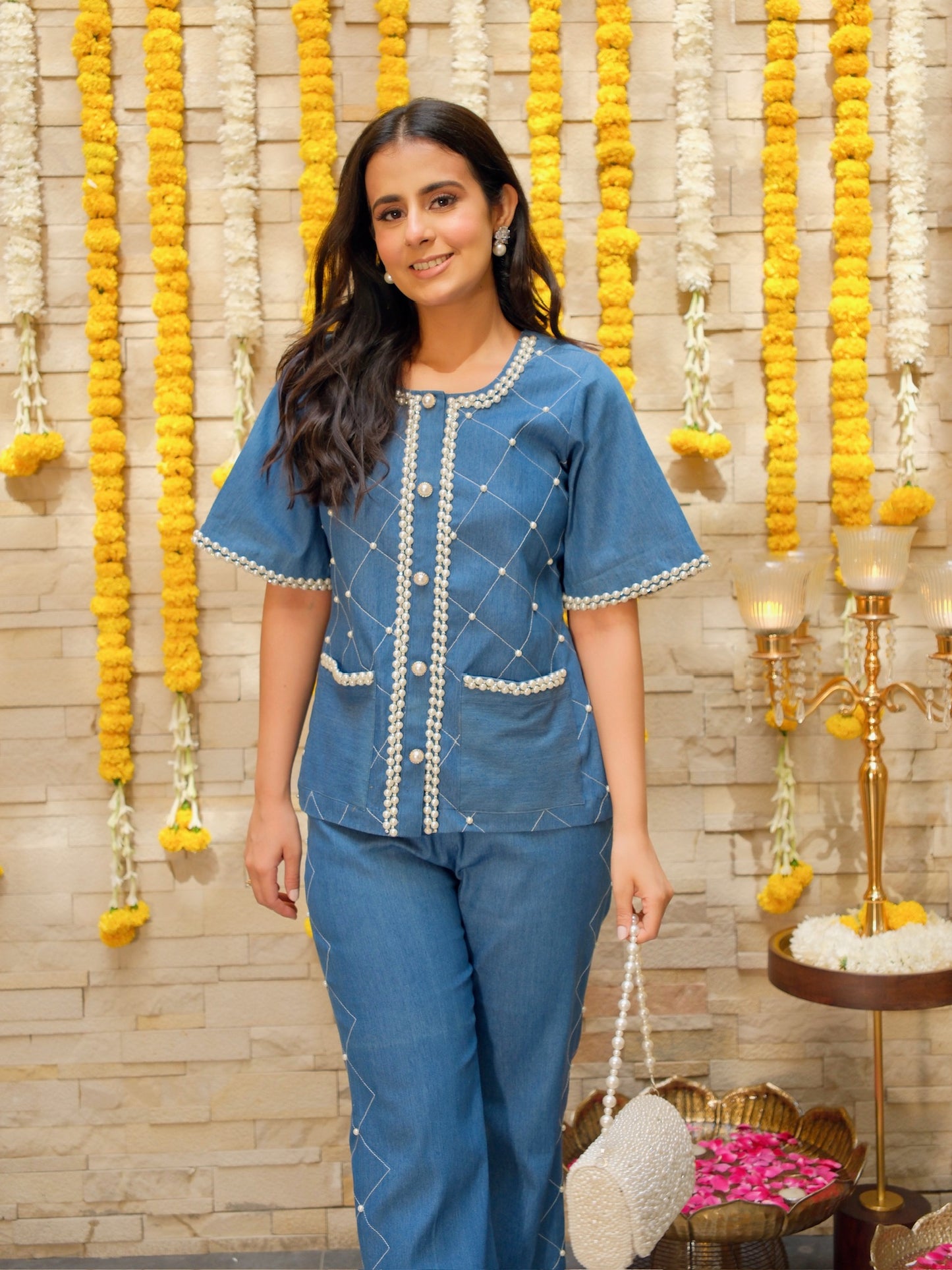 Denim Pearl Embroidered Co-ord Set