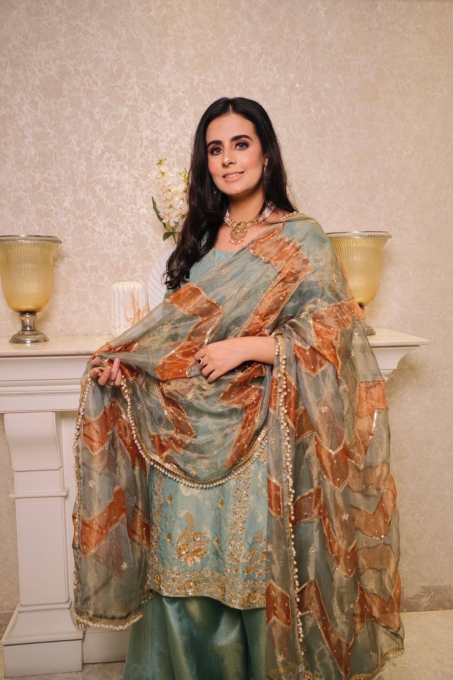 Teal Blue Shimmer Tissue Suit with Hand Embroidery