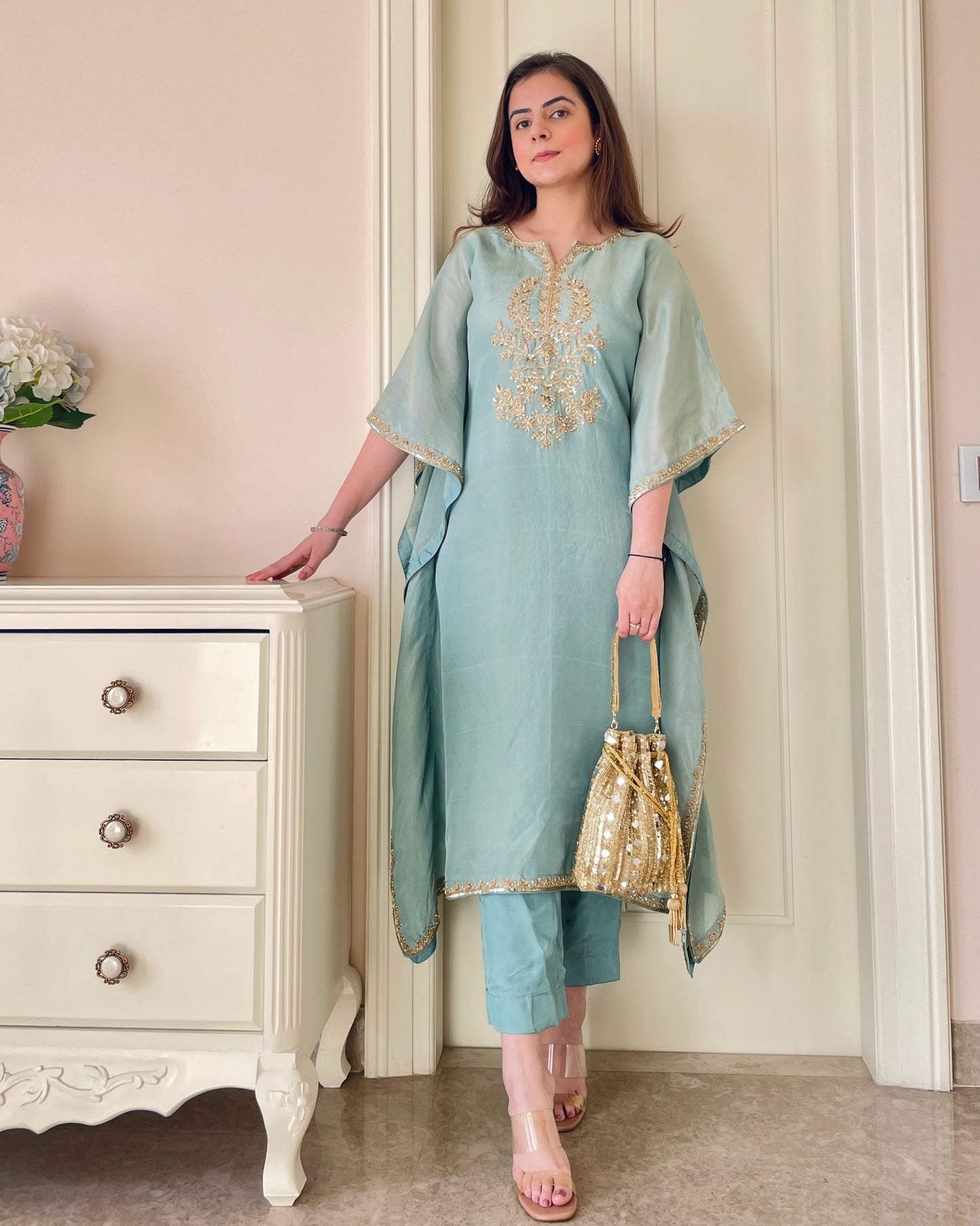 Aqua Elegance Hand-Embroidered Kaftan Set