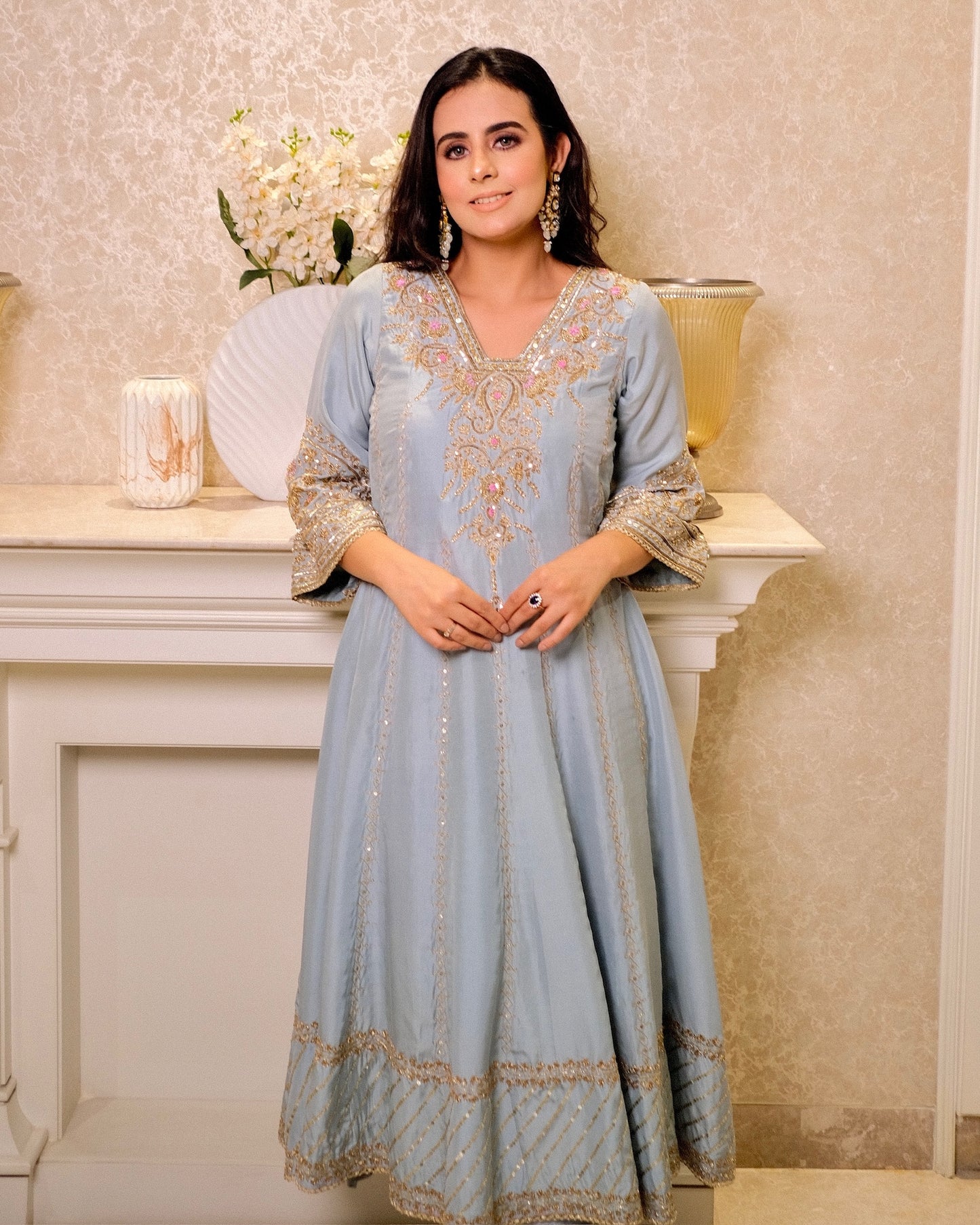 Pure Silk Anarkali Suit with Hand Embroidery & Organza Dupatta