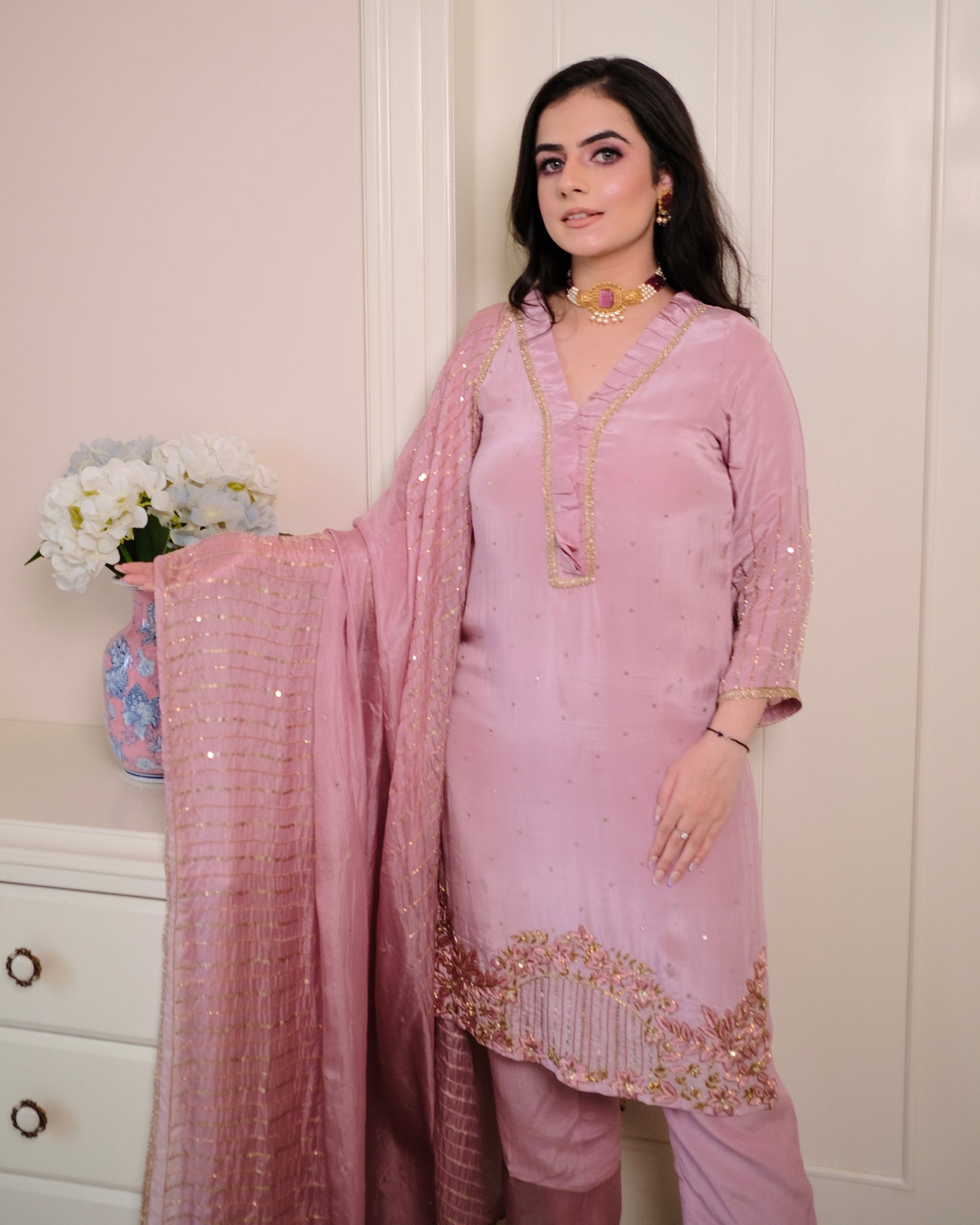 Mauve Crepe Suit with Hand Embroidery