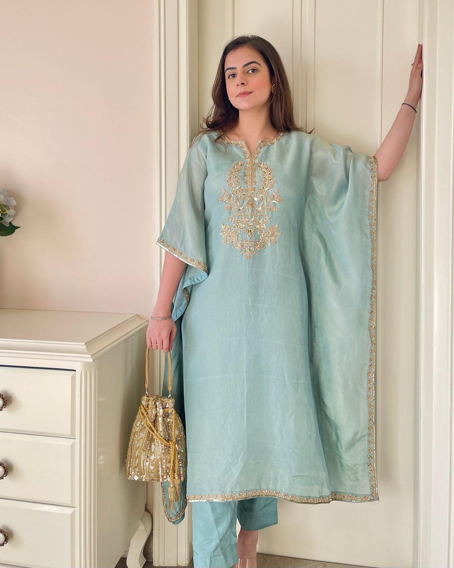 Aqua Elegance Hand-Embroidered Kaftan Set