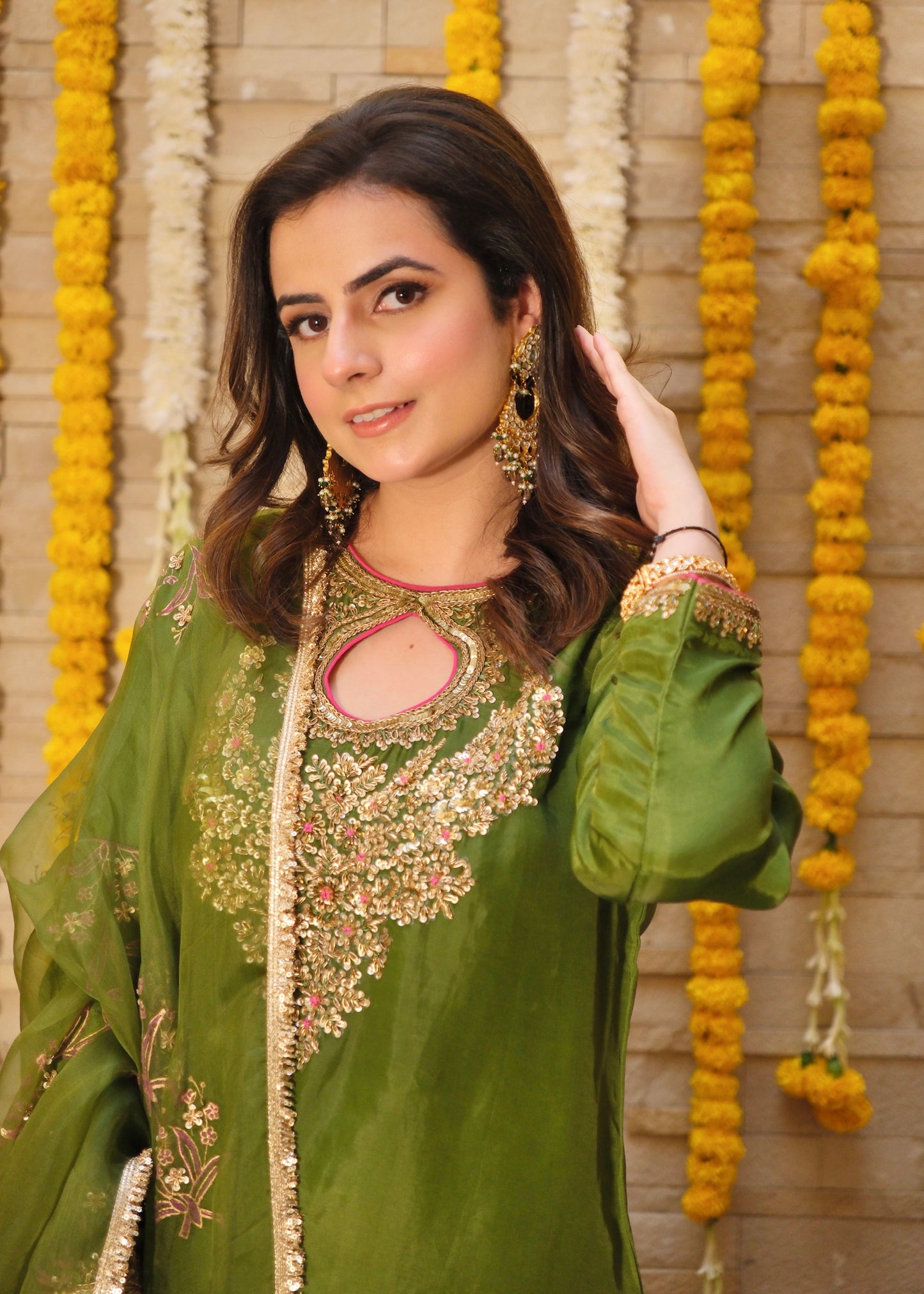 Olive Green Silk Suit Set