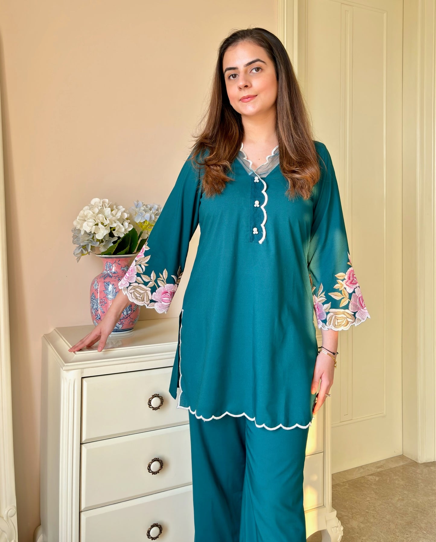 Cotton Bottle Green Kurta Set