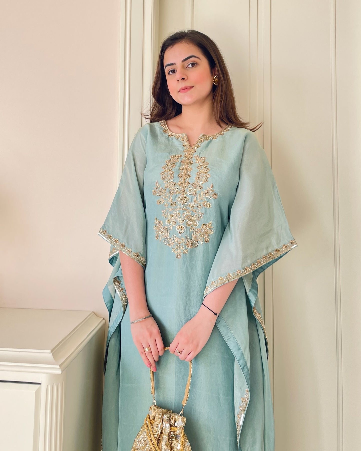Aqua Elegance Hand-Embroidered Kaftan Set
