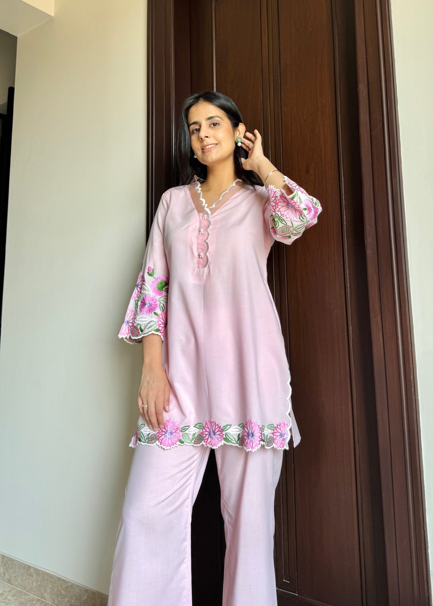 Blush Bloom Embroidered Cotton Co-ord Set