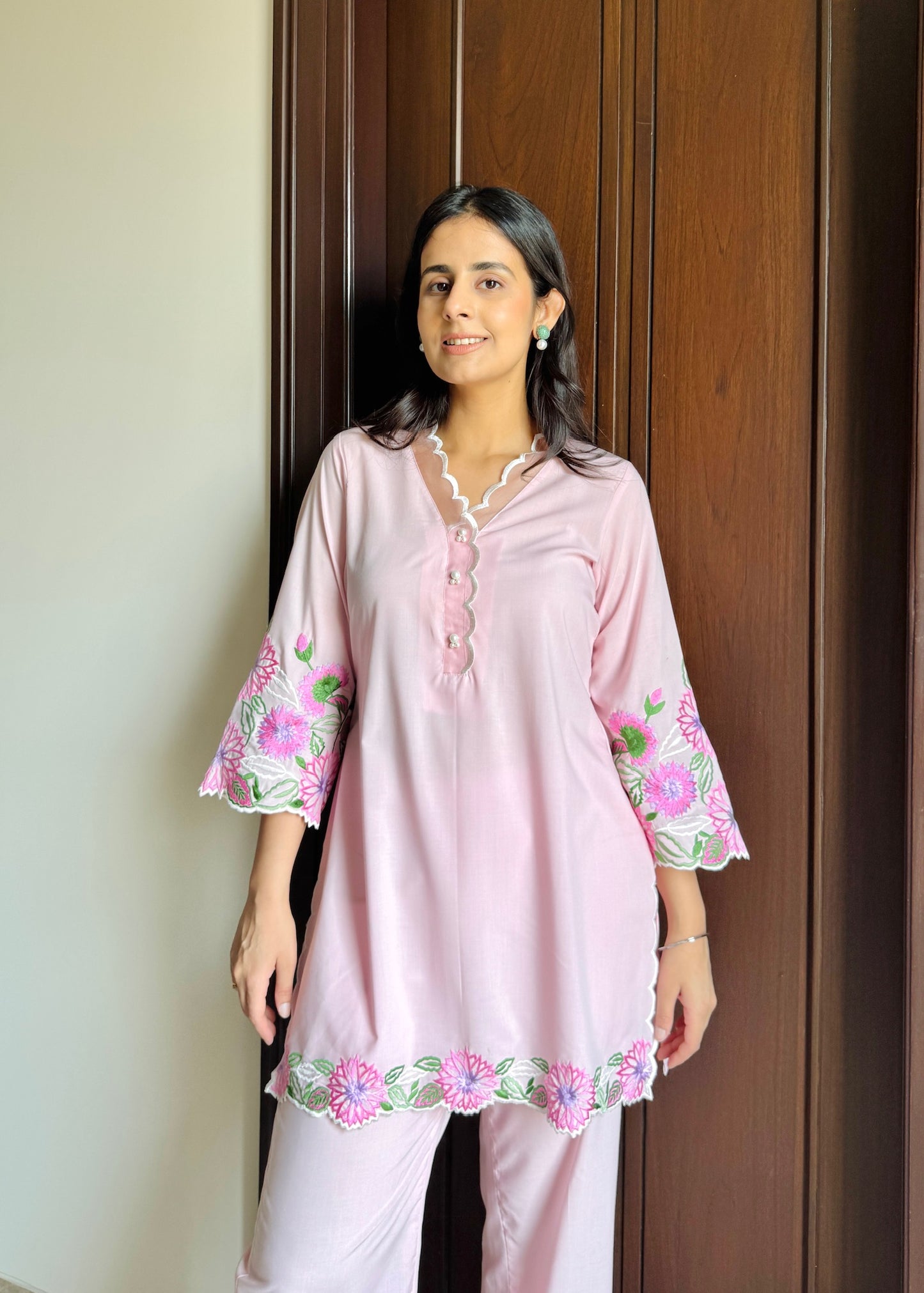 Blush Bloom Embroidered Cotton Co-ord Set