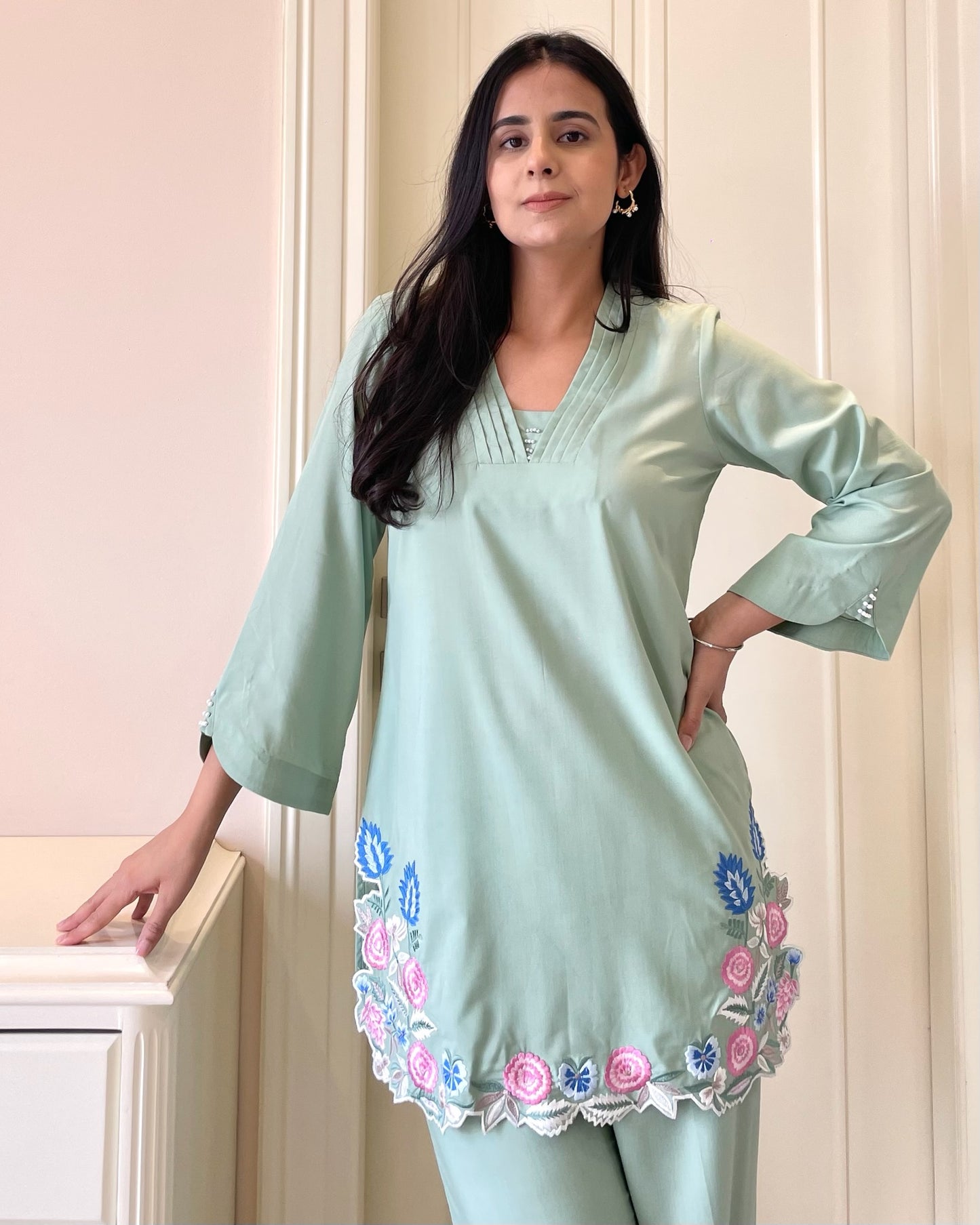 Pastel Green Embroidered Cotton Suit