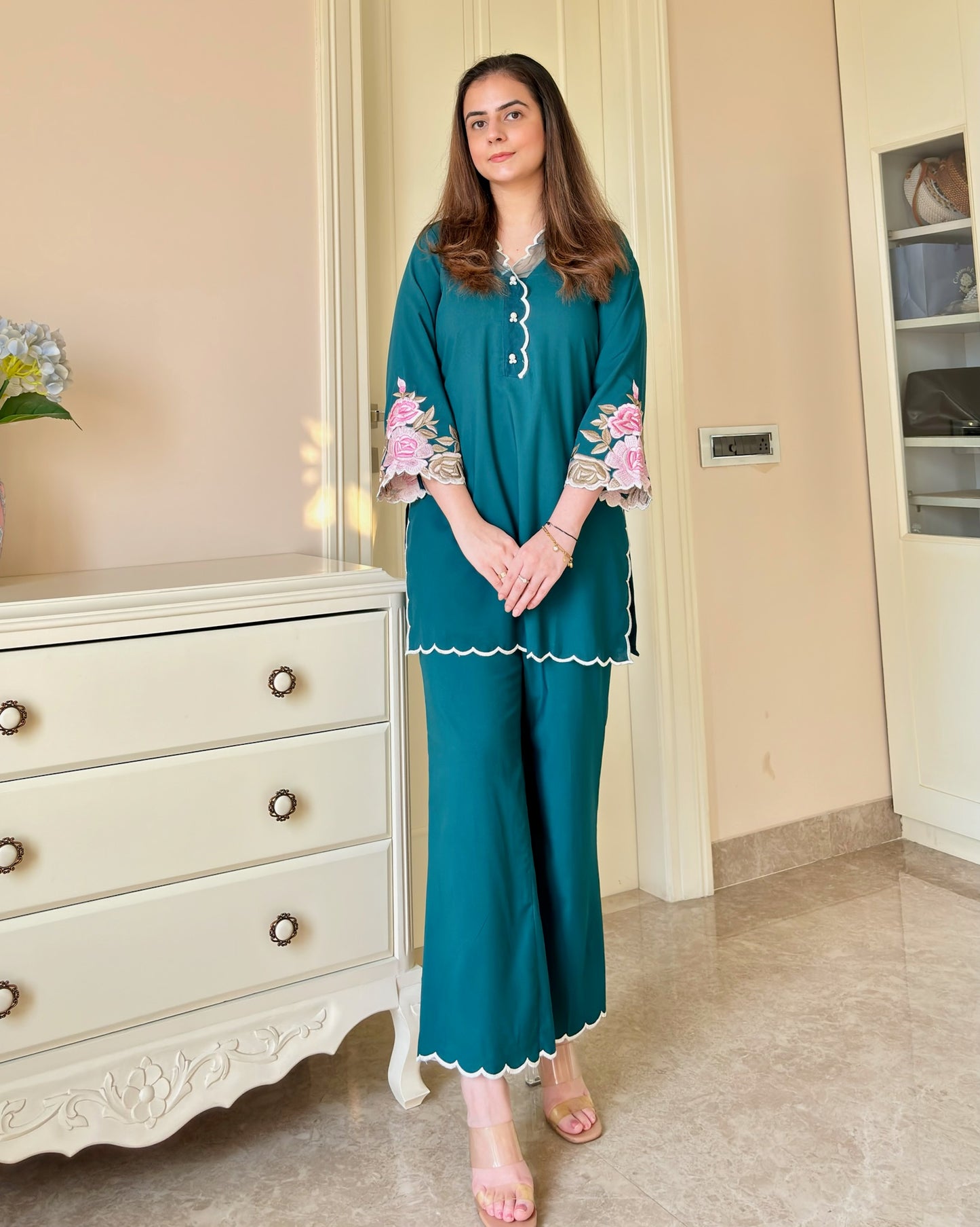 Cotton Bottle Green Kurta Set
