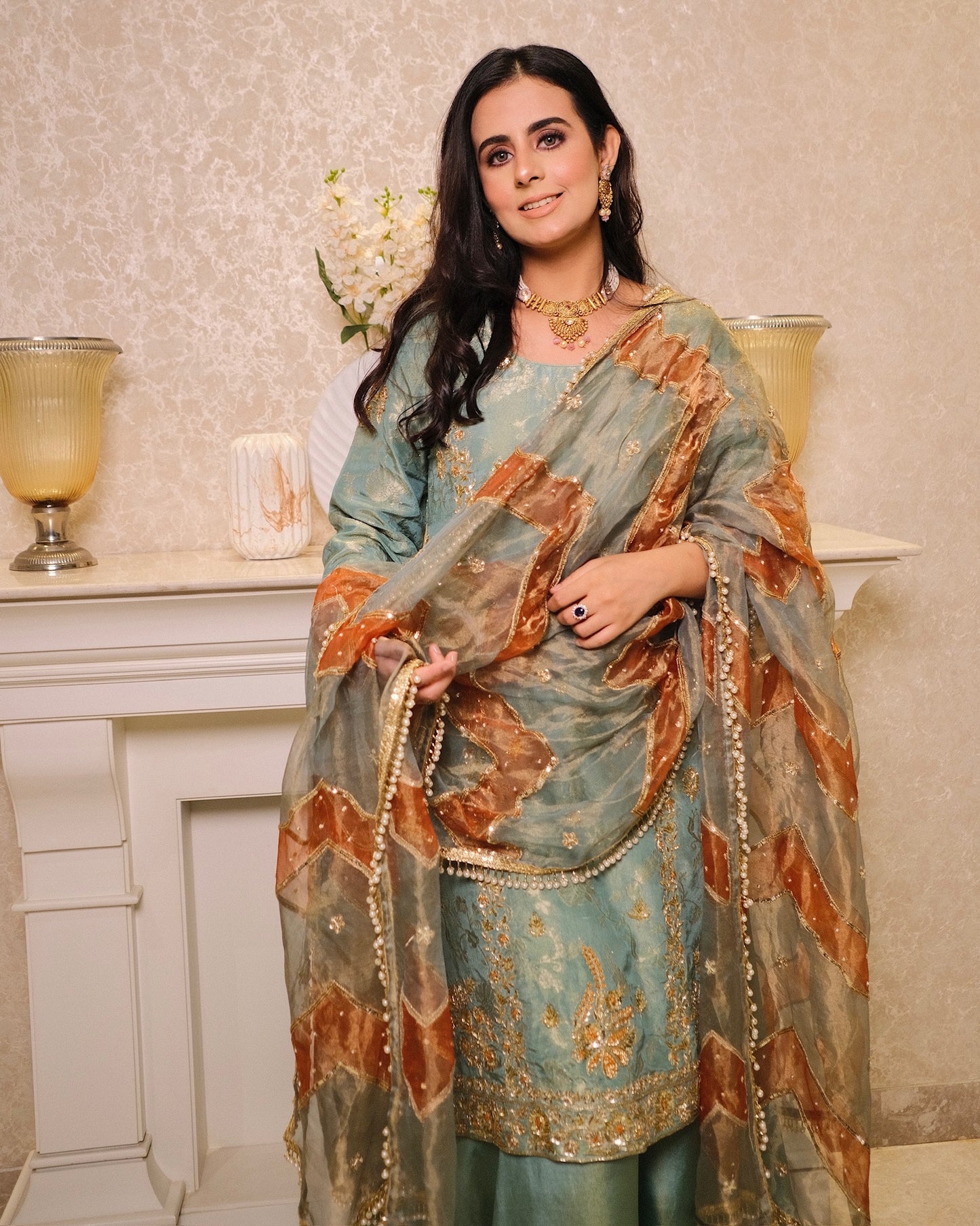 Teal Blue Shimmer Tissue Suit with Hand Embroidery