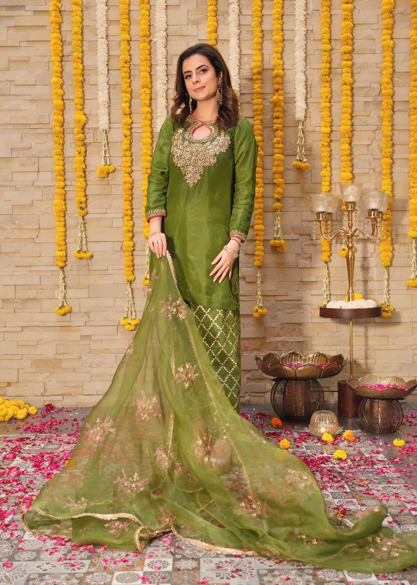 Olive Green Silk Suit Set