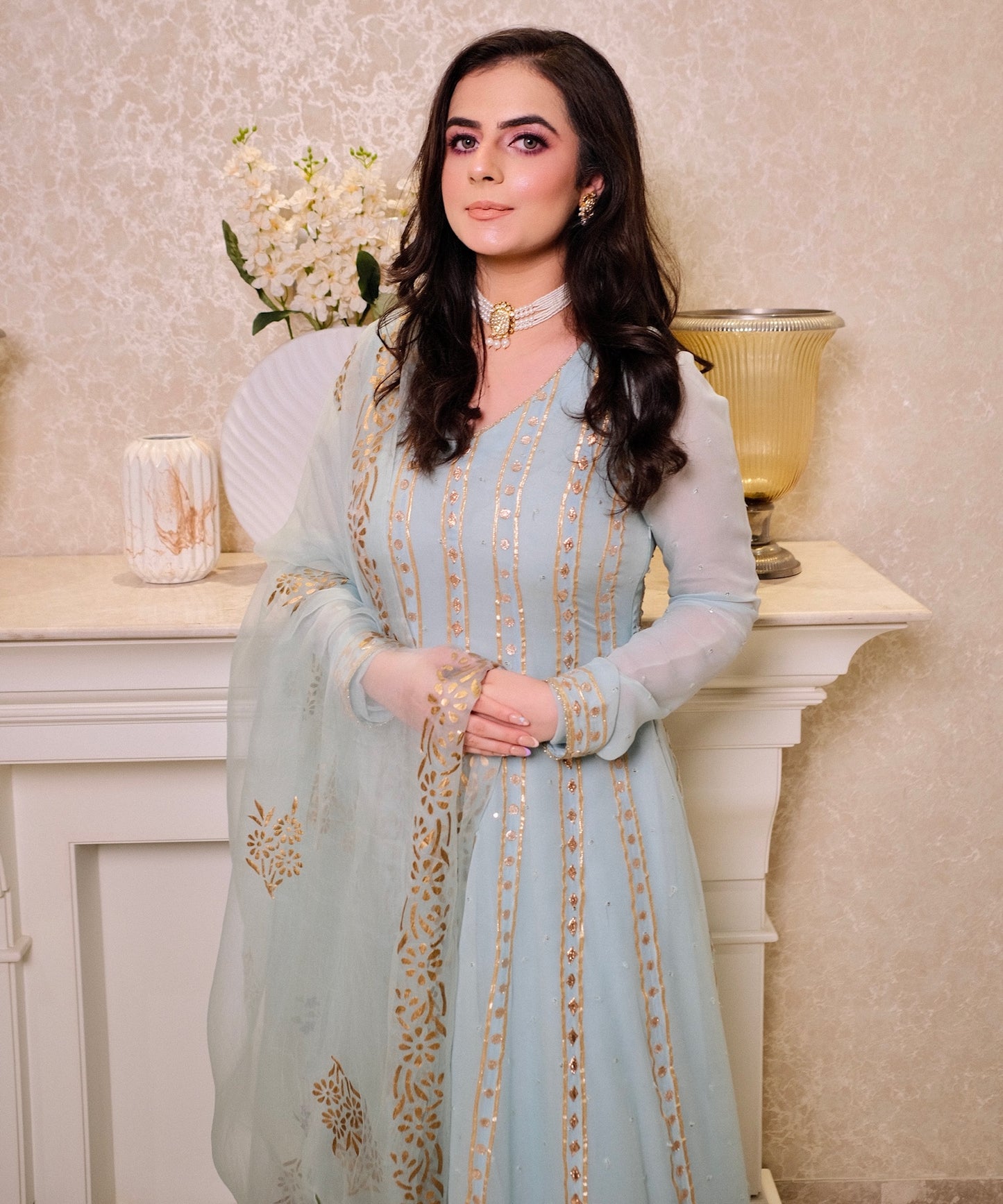 Elegant Georgette Anarkali Suit with Block printed & Hand-Painted Dupatta