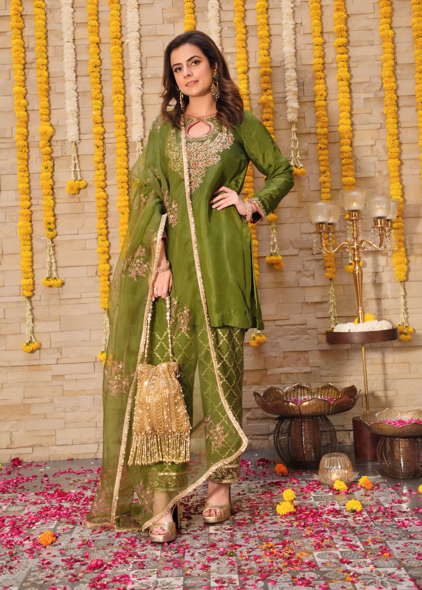 Olive Green Silk Suit Set