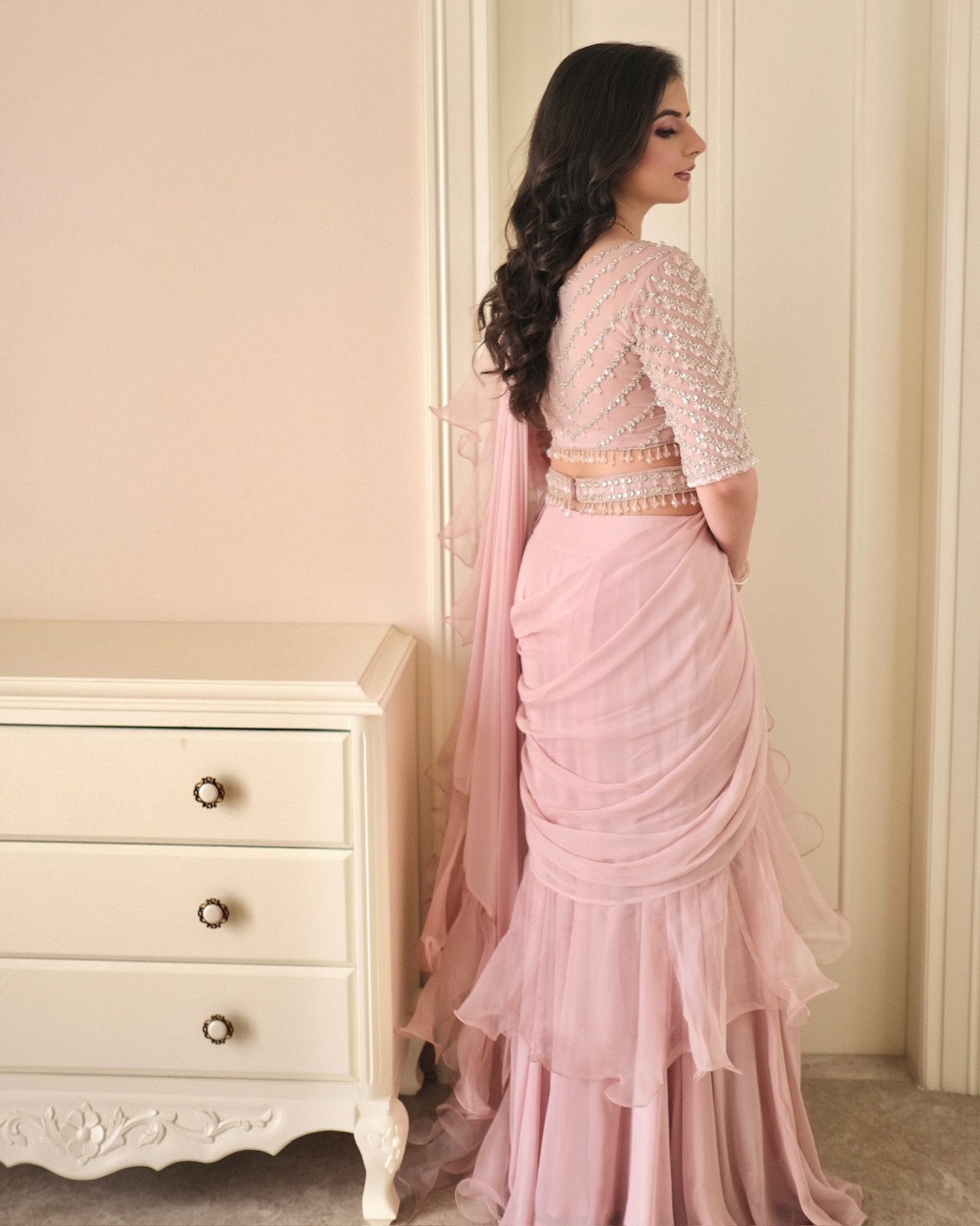 Peach Ruffle Saree with Hand-Embroidered Blouse & Belt