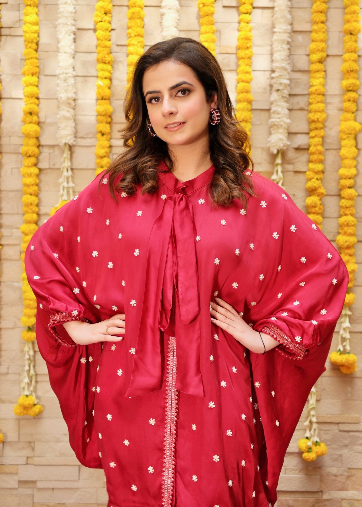 Maroon Hand-Embroidered Kaftan Co-ord Set