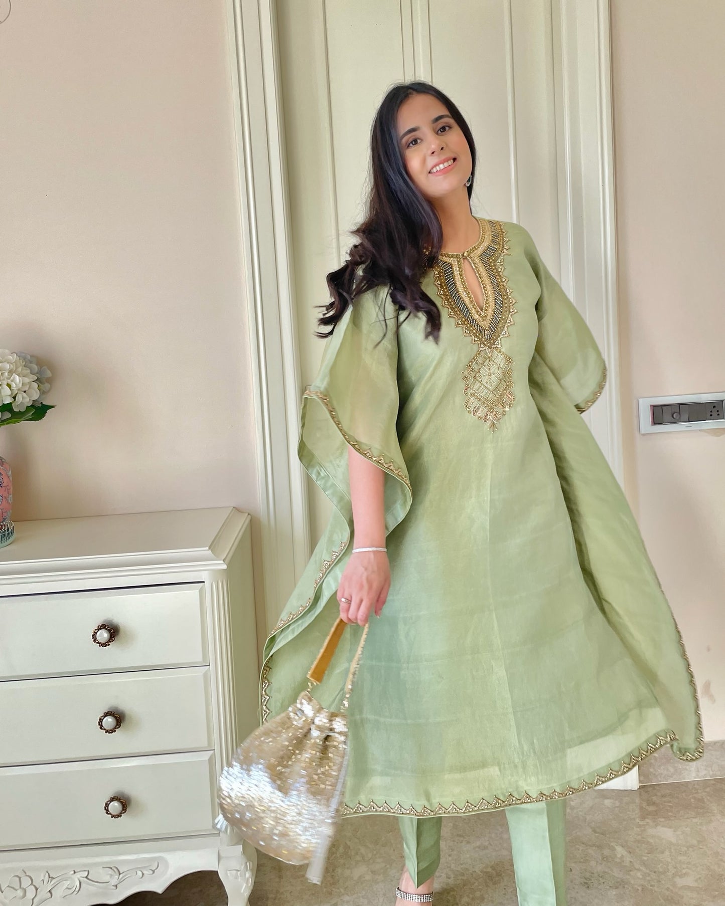 Green Elegance Hand-Embroidered Kaftan Set