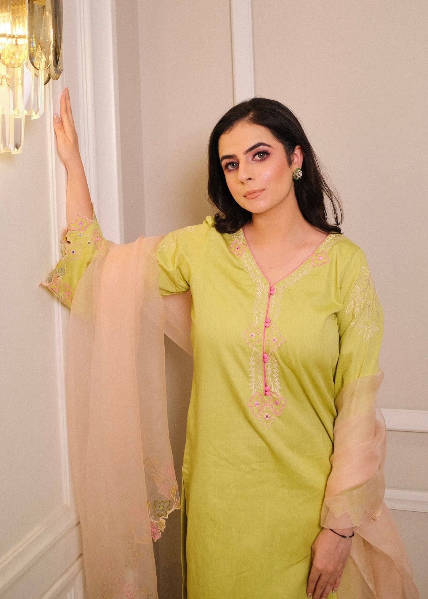 Lime Green Cotton Suit with Multi-Color Thread Embroidery