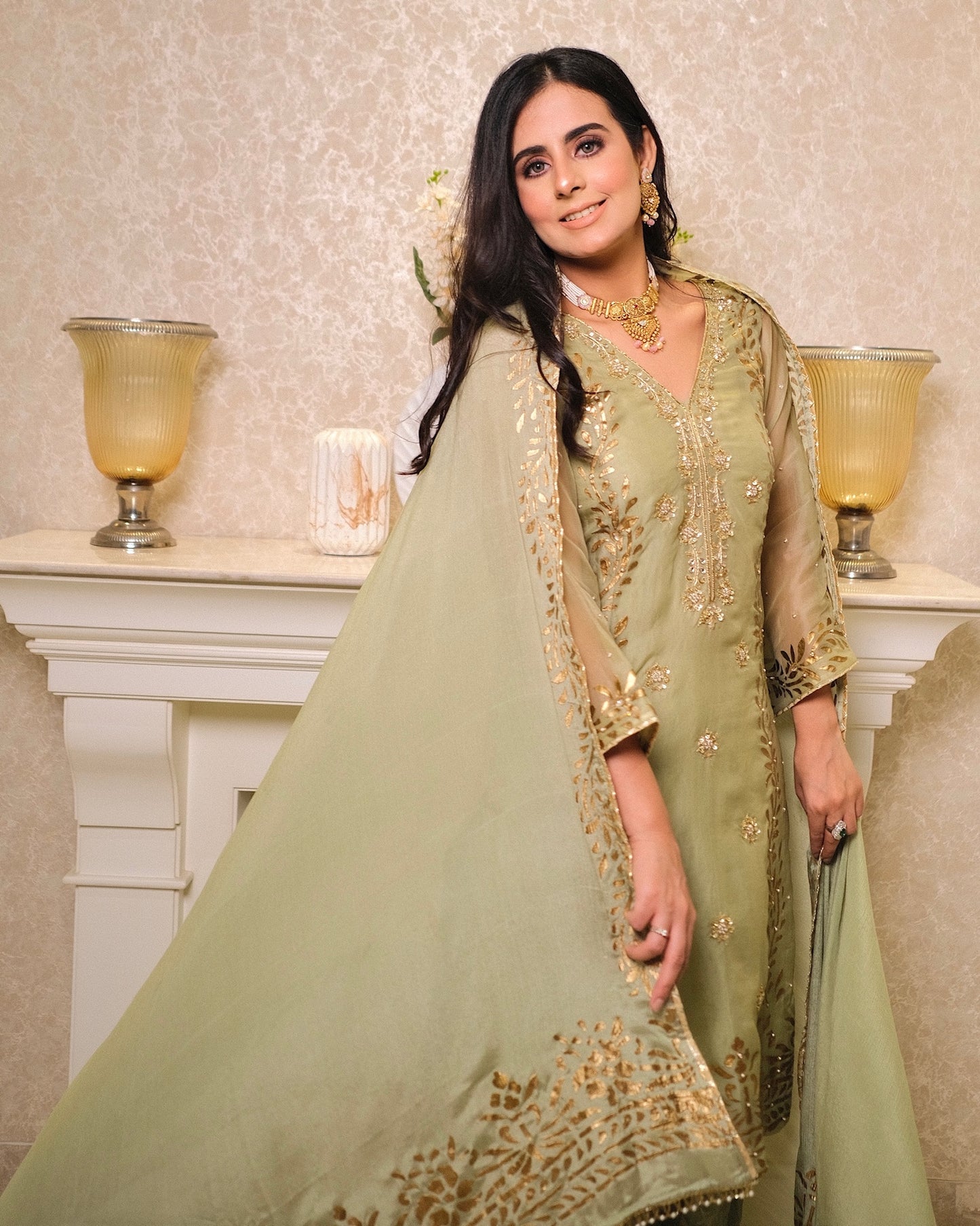 Soft Green Organza Suit with Hand Embroidery & Foil Print