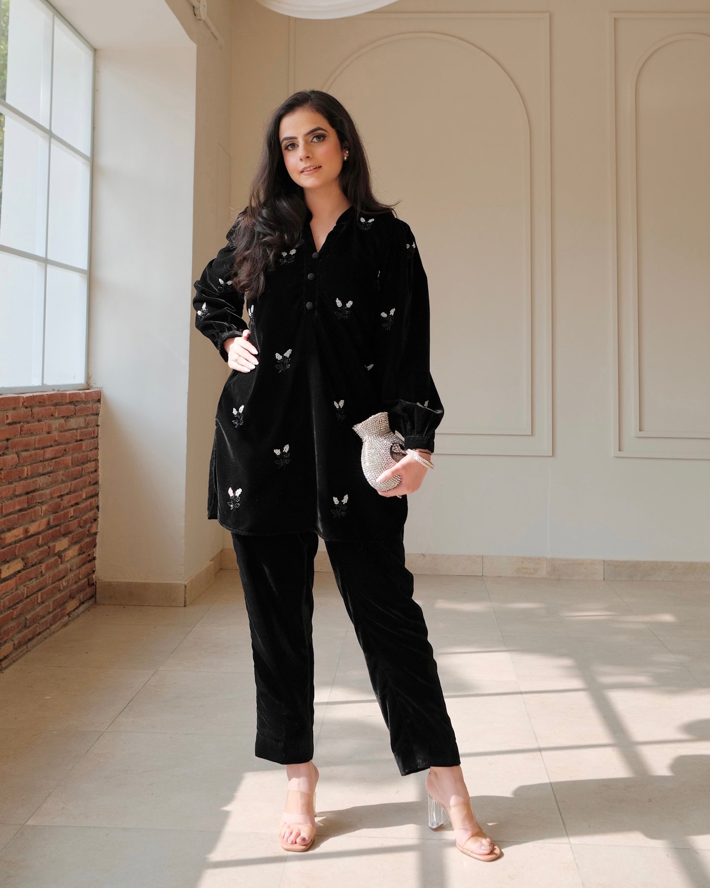 Black Velvet Co-ord with Hand Embroidery