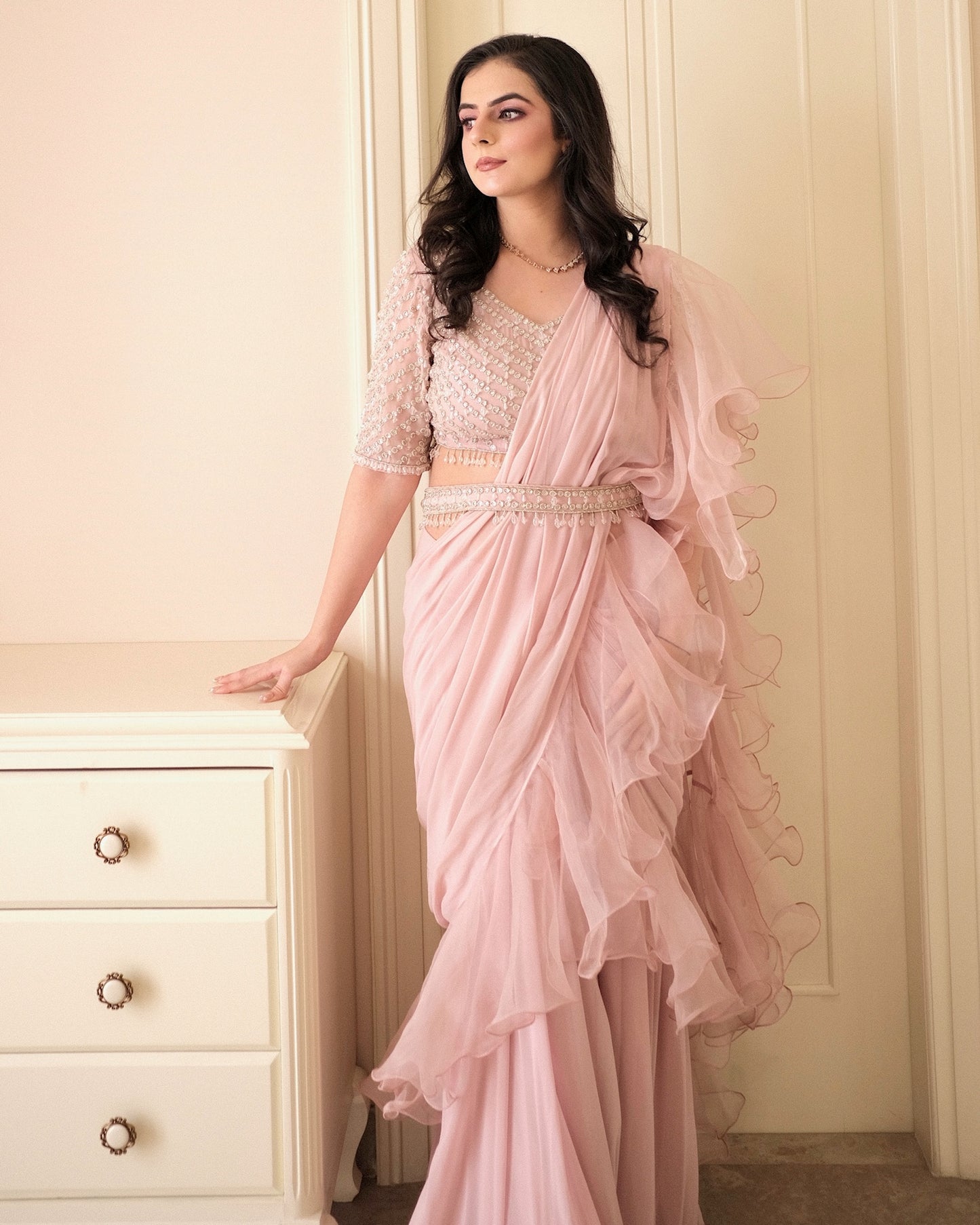 Peach Ruffle Saree with Hand-Embroidered Blouse & Belt