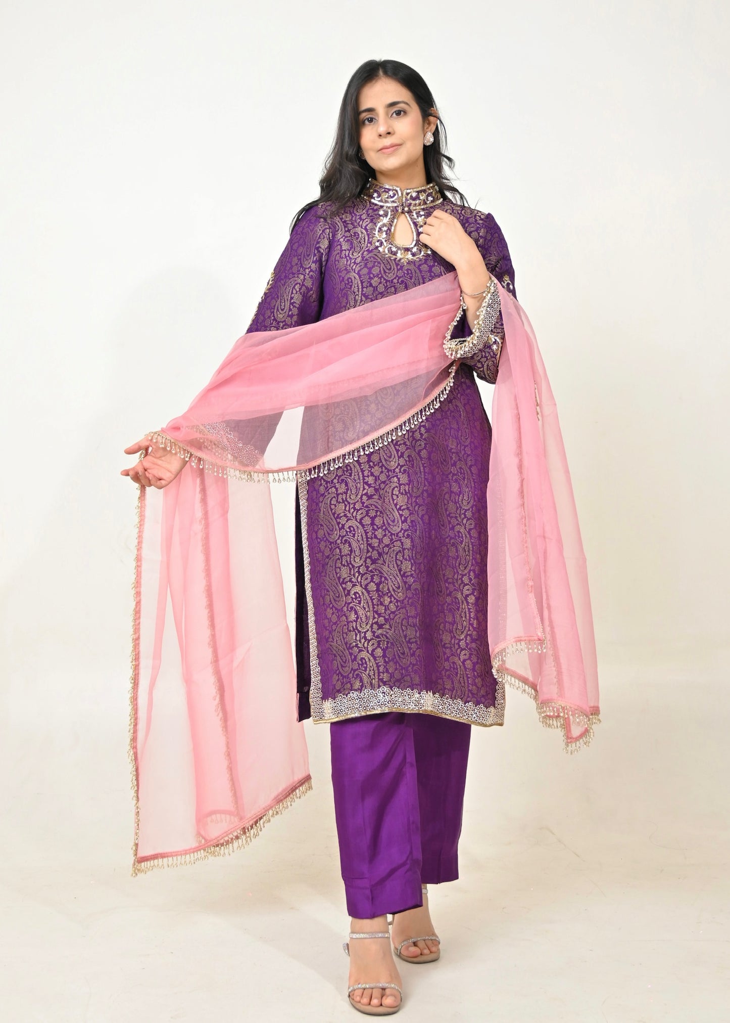 Noor Hand-Embroidered Banarasi Suit Set- Purple