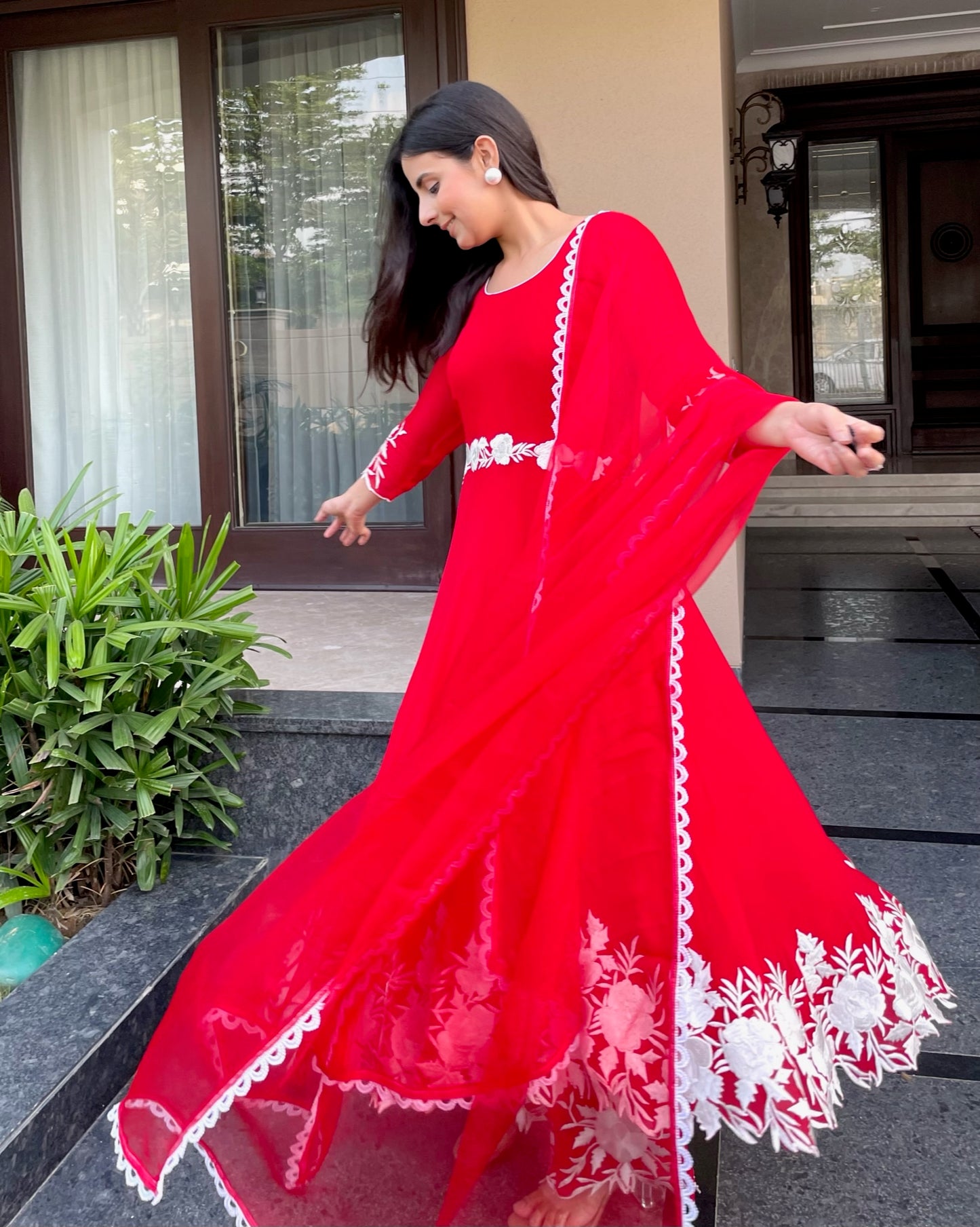 Scarlet Red Embroidered Anarkali Set