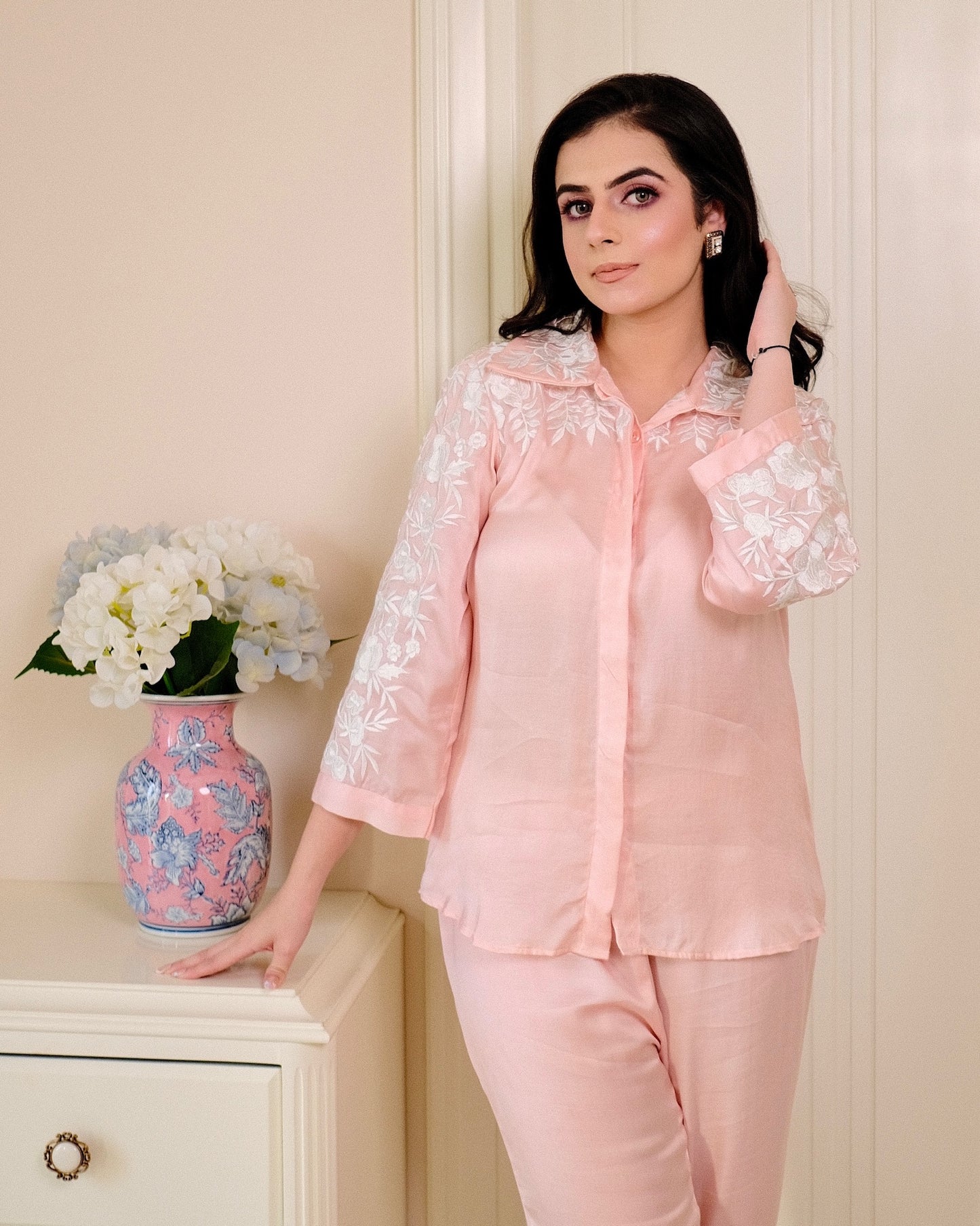 Peach Cotton Modal Co-ord Set with Thread Embroidery