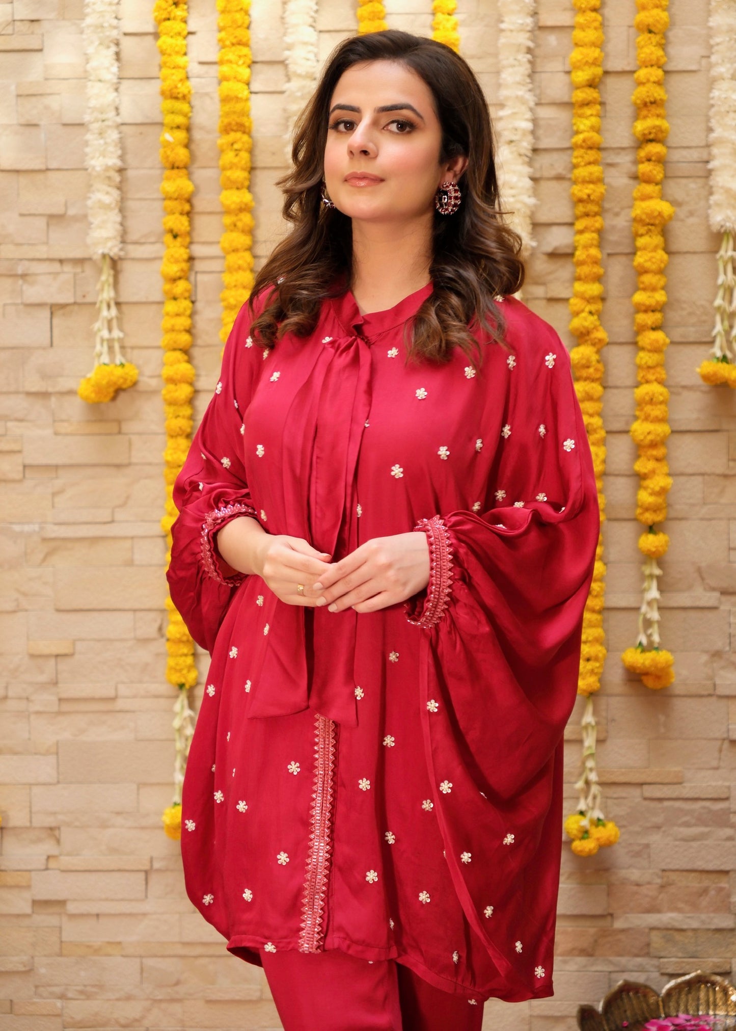 Maroon Hand-Embroidered Kaftan Co-ord Set