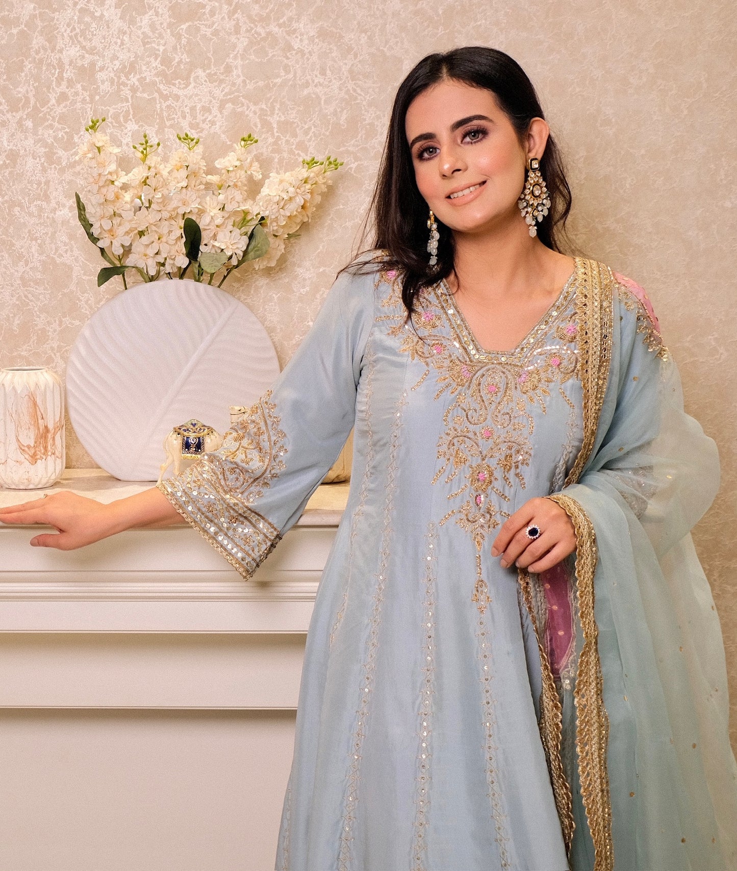 Pure Silk Anarkali Suit with Hand Embroidery & Organza Dupatta