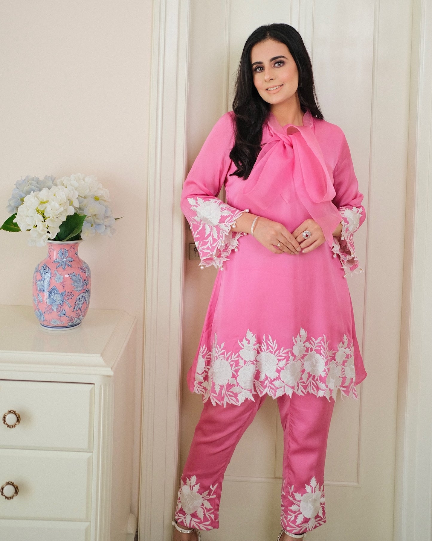 Barbie Pink Satin Organza Floral Co-ord Set