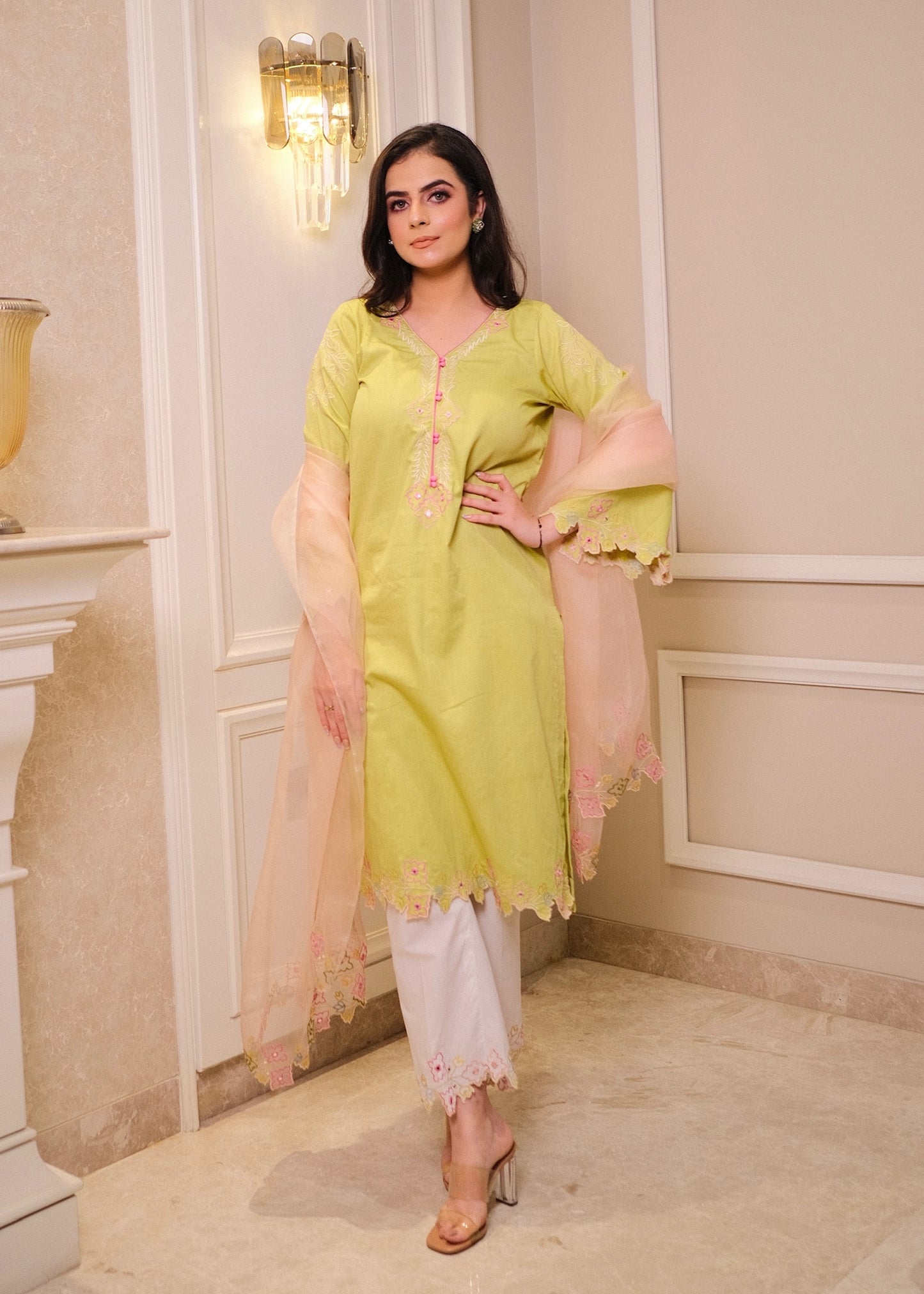 Lime Green Cotton Suit with Multi-Color Thread Embroidery