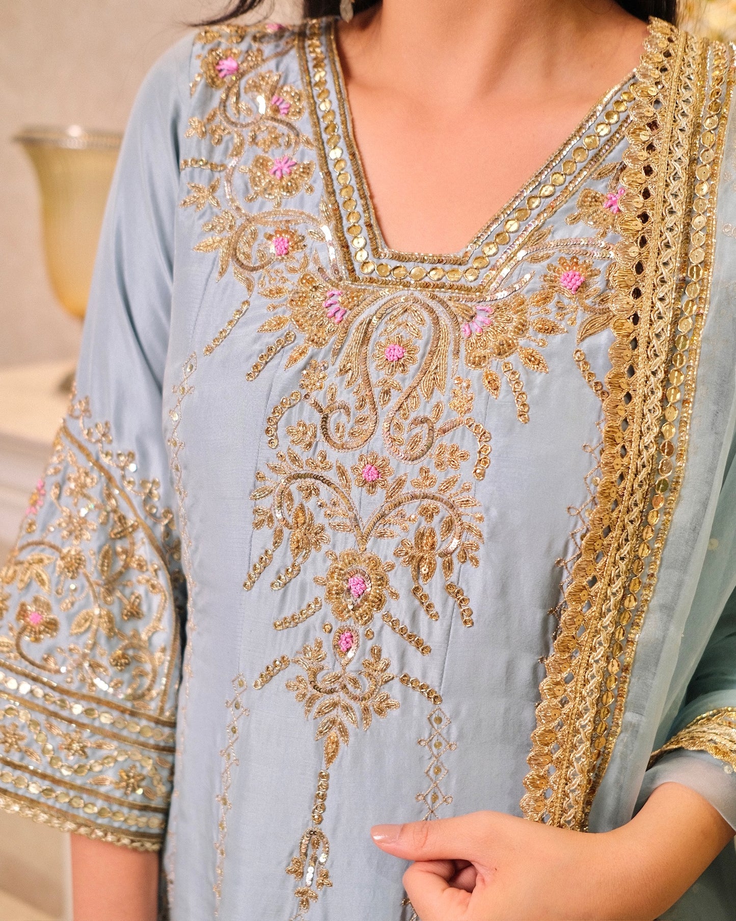 Pure Silk Anarkali Suit with Hand Embroidery & Organza Dupatta