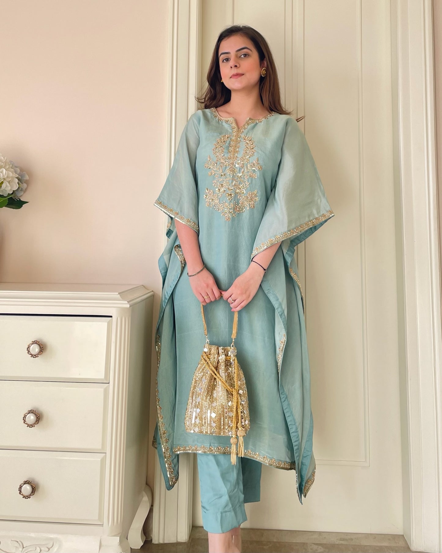 Aqua Elegance Hand-Embroidered Kaftan Set