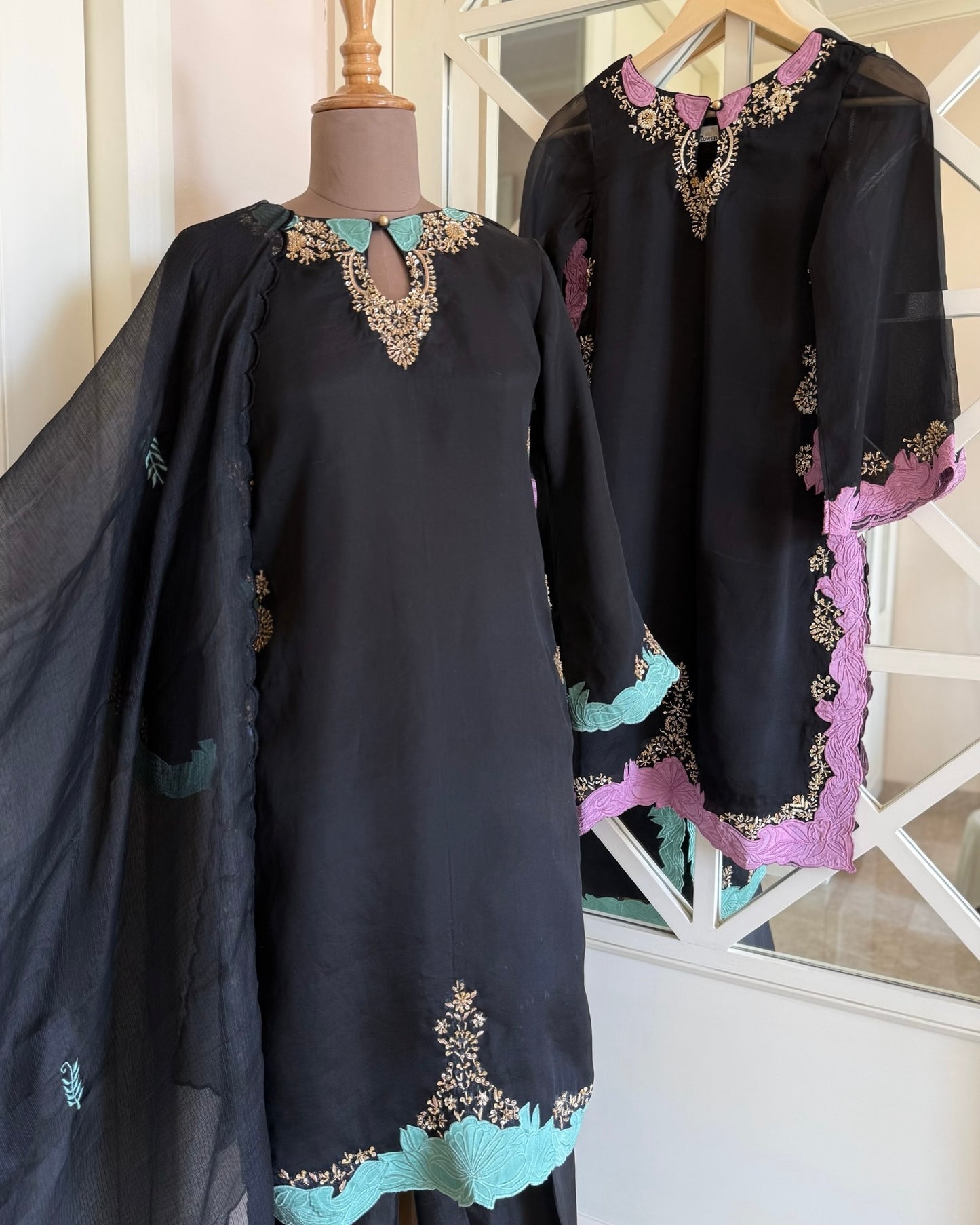Black Semi-Silk Suit with Green Embroidery