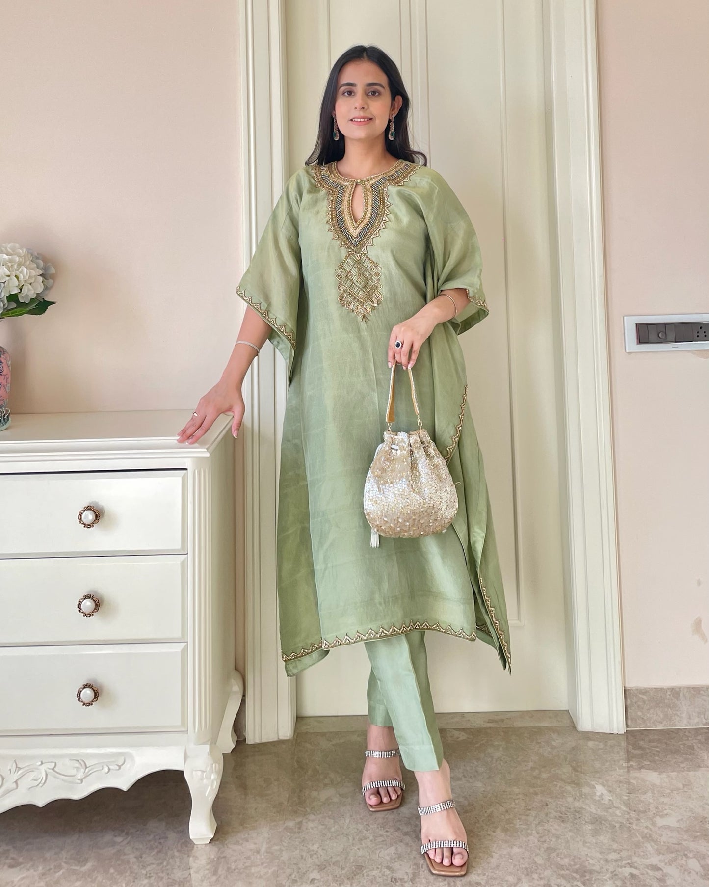 Green Elegance Hand-Embroidered Kaftan Set