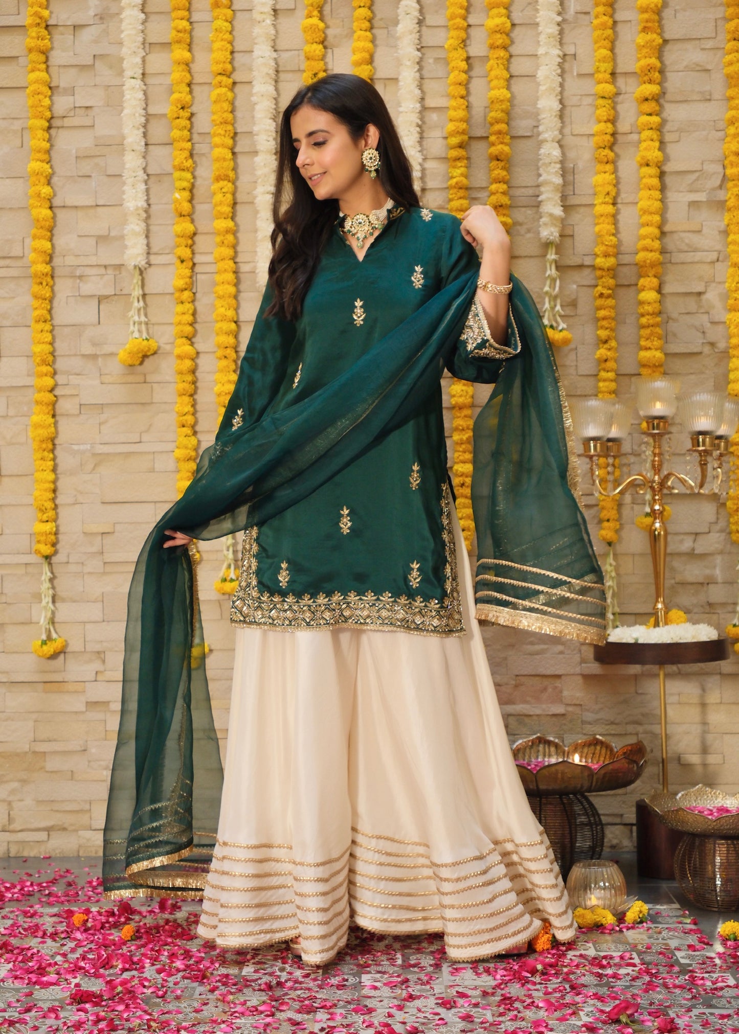 Sitara- Bottle Green Contrast Sharara Set